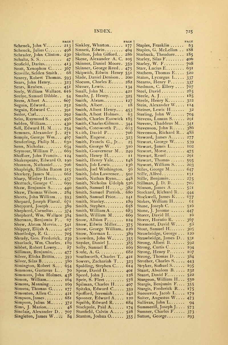 PAGE Schenck, John V 213 Schenck, Julius C 498 Schrader, John Clinton. 230 Schultz, S. S 47 Scofield, Darius 413 Scott, Xenophon C 367 Scoville, Selden Smith.. 68 Searcy, Robert Thomas, 593 Sears, John Henry 323 Sears, Reuben 451 Seely, William Wallace, 616 Seelye, Samuel Dibble. . 54 Seem, Albert A 607 Seguin, Edward 252 Seguin, Edward C 391 Seller, Carl 292 Seiss, Raymond S 49S Selden, William 430 Sell, Edward H. M 254 Semmes, Alexander J.. 271 Semple, George Wm..., 467 Senderling, Philip M... , 630 Senn, Nicholas 634 Seymour, William P..., 669 ShafFiier, John Francis., 124 Shakespeare, Edward O. 190 Shannon, Nathaniel.... 706 Shapleigh, Elisha Bacon 215 Sharkey, James M 662 Sharp, Wesley Harris.. . 457 Shattuck, George C..., 699 Shaw, Benjamin S 440 Shaw, Thomas Wilson.. 284 Sheets, John William. ., 593 Shepard, Joseph Flaval. 671 Sheppard, Joseph 389 Shepherd, Cornelius.... 374 Shepherd, Wm. Wallace 384 Sherman, Benjamin F. , 67 Shew, Abram Mervin.., 541 Shippey, Elijah A 467 Shortledge, E. G 705 Shrady, Geo. Frederick. 239 Shurlock, Wm.. Charles. 189 Sibbet, Robert Lowry.. . 87 Silliman, Benjamin 477 Silver, Elisha Brittin... . 399 Silver, Silas B 380 Simington, Robert S.... 654 Sunmons, Gustavus L. . 70 Simmons, John Holmes. 438 Simon, William 164 Simons, Manning 169 Simons, Thomas G 177 Simonton, Allen C 421 Simpson,James 681 Simpson, Julius M 372 Sims, J. Marion 48 Sinclair, Alexander D. . 707 Singleton, James W..,. 84 PAGE Sinkley, Wharton 177 Sinnett, Edwin 464 Skelton, John (rifford.. . 286 Skene, Alexander A. C. 105 Skinner, Daniel Moore. 359 Skinner, George Reed. . 475 Skipwiih, Edwin Henry 551 Slade, Daniel Denison.. 200 Slocum, Charles E 282 Slusser, Lewis 134 Small, John M 421 Smaltz, J. Henry 325 Smith, Abram 127 Smith, Albert 18 Smith, Albert Henry.... 453 Smith, Albert Holmes. . 63 Smith, Charles Easlwick 185 Smith, Charles Oilman. , 344 Smith, Cotesworth P.... 663 S.r.ith, David P 706 Smith, Eugene 323 Smith, Francis G., Jr... 25 Smith, George W 310 Smith, Gouverneur M.. 249 Smith, Henry H 11 Smith, Henry Yale 148 Smith, Job Lewis....., 136 Smith, Joel Washington. 56 Smith, John Lawrence. . 502 Smith, Nathan Ryno... . 448 Smith, Nicholas Udolph 526 Smith, Samuel H 382 Smith, Samuel Parrish.. 680 Smith, Samuel Price.. ,. 141 Smith, Stanley. 189 Smith, Stephen 658 Smith, William A 683 Smith, William M 669 Snow, Albion P 124 Snow, Edwin Miller.,.. 375 Snow, George William.. 126 Snow, Norman L 389 Siiowden, John W 355 Snyder, Daniel J 385 Solly, Samuel E 169 S^ule, A. G 682 Southworth, Charles T,. 421 Sowers, Zachariah T. ,. 323 Spalding, Stephen C., .. 614 Spear, David D 40I Speed, John J 128 Speir, S. Fleet 578 Spilman, Charles H. . ,. 407 Spitzka, Edward C 359 Spofford, Jeremiah 142 Spooner, Edward A., ,, 120 Squibb, Edward R 684 Stackpole, Paul A 174 Stanfield, Calvin A 528 Stanton, Joshua 0 355 PAGE Staples, Franklin 83 Staples, G. McLellan . . 188 Slarbuck, Theodore.... 185 Starley, Silas F 406 Starley, W. F 708 Starr, Lucius E 631 Stathem, Thomas E.. .. 520 Staton, Lycurgus L.... 337 Stearns, Henry P 337 Stedman, C. Elleiy .... 707 Steel, David 285 Steele, A. J 185 Steele, Henry K 322 Stein, Alexander W. . .. 114 Steiner, Lewis H 32 Sterling, John W 704 Stevens, Luman S 291 Stevens, Thaddeus M.. . 341 Stevenson, John R 386 Stevenson, Richard R. . 488 Steward, James A 277 Stewart, George W 539 Stewart, James L 102 Stewart, Morse 475 Stewart, Reuel 291 Stewart, Thomas 595 Stewart, William S 203 Stiles, George M 647 Stille, Alfred 151 Stille, Benjamin 275 Stillman, J. D. B 70J Stinson, James A 521 Stockard, Richard R. .. 444 Stockwell, James K.. .. 677 Stokes, William H 61 Stone, Joseph C 516 Stone, J. Jerome 447 Storer,'David H 16 Storer, Horatio R 367 Stormont, David W.. .. 58 Stout, Samuel H 305 Strawbridge, George ... 120 Strawbridge, James D. . 531 Strong, Albert B 592 Strong, Curtis C 194 Strong, Henry P 107 Strong, Thomas D 384 Strother, Charles S.. . .. 443 Stryker, SaAuel S 195 Stuart, Absalom B 232 Stuart, David F 522 Sturgeon, William H. .. 550 Sturgis, Benjamin F.... 355 Sturgis, Frederick R... 175 Suesserott, Jacob I>.... 179 Suiter, Augustus W. . .. 473 Sullivan, John L 94 Summerill, Joseph J. .. . 573 Sumner, Charles F 373 Sutton, George 293