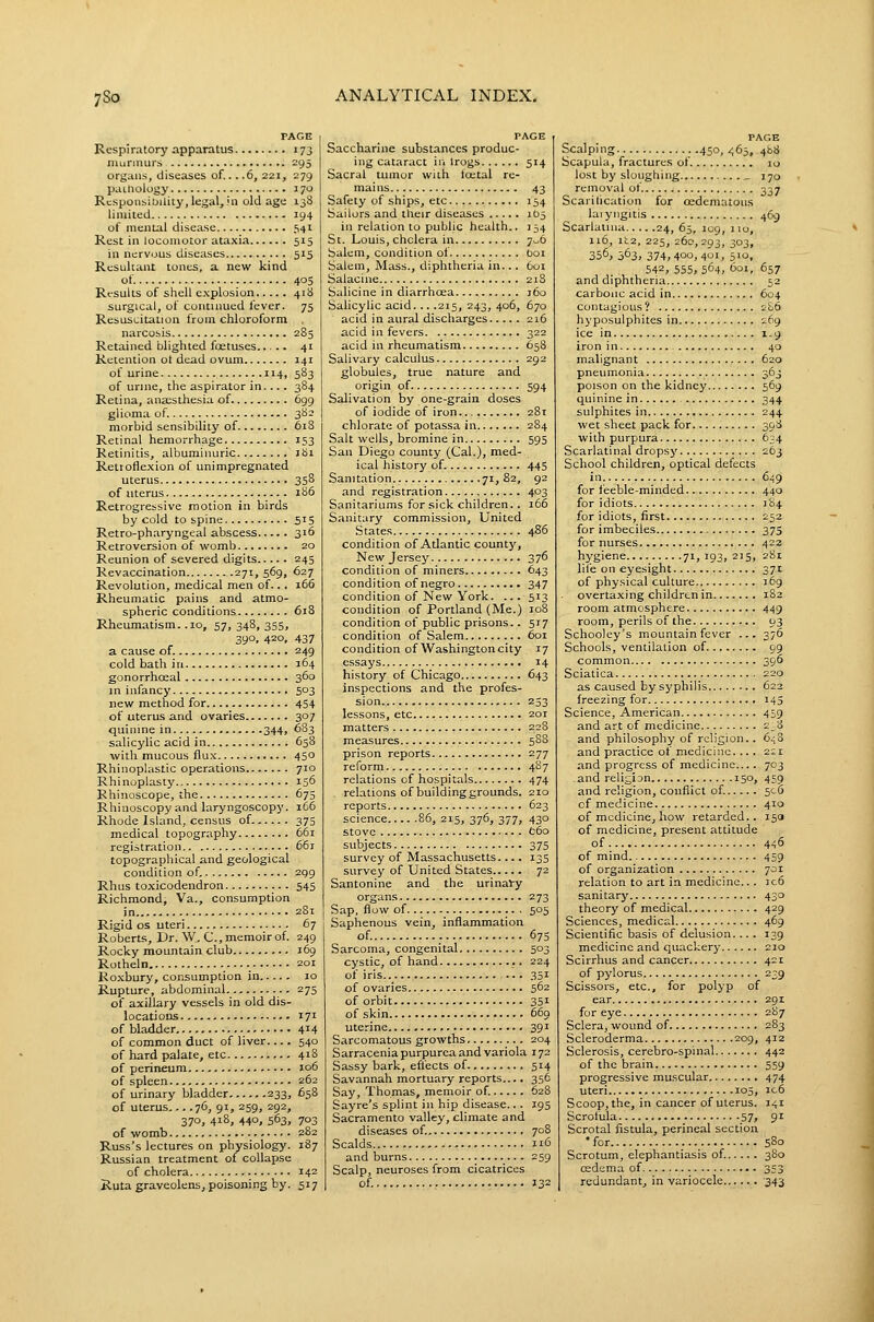 PAGE Respiratory apparatus 173 murmurs 295 organs, diseases of... .6, 221, 279 paihology J 70 Responsibility,legal,!!! old age 138 limited 194 of mental disease 541 Rest in locomotor ataxia 515 in nervous diseases 515 Resultant tones, a new kind of. 405 Results of shell explosion 418 surgical, of continued fever. 75 Resuscitation from chloroform . narcosis 285 Retained blighted foetuses 41 Retention ot dead ovum 141 of urine 114, 583 of urine, the aspirator in... . 3B4 Retina, anesthesia of 699 glioma of. 382 morbid sensibility of 618 Retinal hemorrhage 153 Retinitis, albuminuric i8i Retroflexion of unimpregnated uterus 358 of uterus 186 Retrogressive motion in birds by cold to spine 515 Retro-pharyngeal abscess 316 Retroversion of womb 20 Reunion of severed digits 245 Revaccination 271, 569, 627 Revolution, medical men of... 166 Rheumatic pains and atmo- spheric conditions 618 Rheumatism. .10, 57, 348, 355, 390, 420, 437 a cause of. 249 cold bath in 164 gonorrhceal 360 in infancy 5°3 new method for 454 of uterus and ovaries 307 quinine in 344, 683 salicylic acid in 658 with mucous flux 450 Rhinoplastic operations 710 Rhinoplasty 136 Rhinoscope, the 675 Rhinoscopy and laryngoscopy. 166 Rhode Island, census of 375 medical topography 661 registration 661 topographical and geological condition of. 299 Rhus toxicodendron 545 Richmond, Va., consumption in 281 Rigid OS uteri 67 Roberts, Dr. W, C, memoir of. 249 Rocky mountain club 169 Rotheln 201 Ro.xbury, consumption in 10 Rupture, abdominal 275 of axillary vessels in old dis- locations 171 of bladder 414 of common duct of liver 540 of hard palate, etc 418 of perineum 106 of spleen 262 of urinary bladder 233, 658 of uterus... .76, 91, 259, 292, 370, 418, 440, 563, 703 of womb 282 Russ's lectures on physiology. 187 Russian treatment of collapse of cholera 142 Ruta graveolens, poisoning by. 517 PAGE Saccharine substances produc- ing cataract in Irogs 514 Sacral tumor with foetal re- mains 43 Safety of ships, etc 154 Sailors and their diseases 1D5 in relation to public health.. 134 St. Louis, cholera in 7^6 Salem, condition of Ooi Salem, Mass., diphtheria in... 601 Salacine 218 Salicine in diarrhoea 160 Sahcylic acid. .. .215, 243, 406, 670 acid in aural discharges 216 acid in fevers 322 acid in rheumatism 658 Salivary calculus 292 globules, true nature and origin of 594 Salivation by one-grain doses of iodide of iron 281 chlorate of potassa in 284 Salt wells, bromine in 595 San Diego county (Cal.), med- ical history of. 445 Sanitation 71, 82, 92 and registration 403 Sanitariums for sick children.. 166 Sanitary commission, United States 486 condition of Atlantic county. New Jersey 376 condition of miners 643 condition of negro 347 condition of New York. ... 513 condition of Portland (Me.) 108 condition of public prisons.. 517 condition of Salem 601 condition of Washington city 17 essays 14 history of Chicago 643 inspections and the profes- sion 253 lessons, etc 2or matters 228 measures 588 prison reports 277 reform 487 relations of hospitals 474 , relations of building grounds. 210 reports 623 science 86, 215, 376, 377, 430 stove t6o subjects 375 survey of Massachusetts. 13s survey of United States 72 Santonine and the urinaVy organs 273 Sap, flow of 505 Saphenous vein, inflammation of. 675 Sarcoma, congenital 503 cystic, of hand 224 of iris 351 of ovaries 562 of orbit 351 of skin 669 uterine 391 Sarcomatous growths 204 Sarracenia purpurea and variola 172 Sassy bark, efl'ects of 514 Savannah mortuary reports.... 356 Say, Thomas, memoir of. 628 Sayre's splint in hip disease... 195 Sacramento valley, climate and diseases of. 708 Scalds 116 and burns 259 Scalp, neuroses from cicatrices of J32 PAGE Scalping 450, 463, 488 Scapula, fractures of 10 lost by sloughing , 170 removal of. 337 Scarilication for cedematous laiyiigitis 469 Scarlatina 24, 65, 109, 110, 116, it2, 225, 260,293, 303> 356, 363, 374,400,401, 510, 542, 555,564, 601, 657 and diphtheria 52 carbolic acid in 604 contagious ? 286 hyposulphites in 269 ice in 1.9 iron in 40 malignant 620 pneumonia 363 poison on the kidney 569 quinine in 344 sulphites in 244 wet sheet pack for 398 with purpura 634 Scarlatinal dropsy 263 School children, optical defects in 649 for feeble-minded 440 for idiots 184 for idiots, first 252 for imbeciles 375 for nurses 422 hygiene 71, 193, 215, 281 life on eyesight 371 of physical culture 169 . overtaxing children in 182 room atmosphere 449 room, perils of the 03 Schooley's mountain fever ... 376 Schools, ventilation of 99 common 396 Sciatica 220 as caused by sj'philis 623 freezing for 145 Science, American 459 and art of medicine 2.8 and philosophy of religion.. 6j3 and practice of medicine. ... 221 and progress of medicine.... 703 and religi Dn 150, 459 and religion, conflict of. 506 of medicine 410 of medicine, how retarded.. 15a of medicine, present attitude of 446 of mind. 459 of organization 701 relation to art in medicine.. . ic6 sanitary 430 theory of medical 429 Sciences, medical 469 Scientific basis of delusion.... 139 medicine and quackery 210 Scirrhus and cancer 421 of pylorus 239 Scissors, etc., for polyp of ear 291 for eye 287 Sclera, wound of 283 Scleroderma 209, 412 Sclerosis, cerebro-spinal 442 of the brain 559 progressive muscular 474 uteri 105, ic6 Scoop, the, in cancer of uterus. 141 Scrofula 57> 91 Scrotal fistula, perineal section ■for 580 Scrotum, elephantiasis of. 380 oedema of 353 redundant, in variocele 343