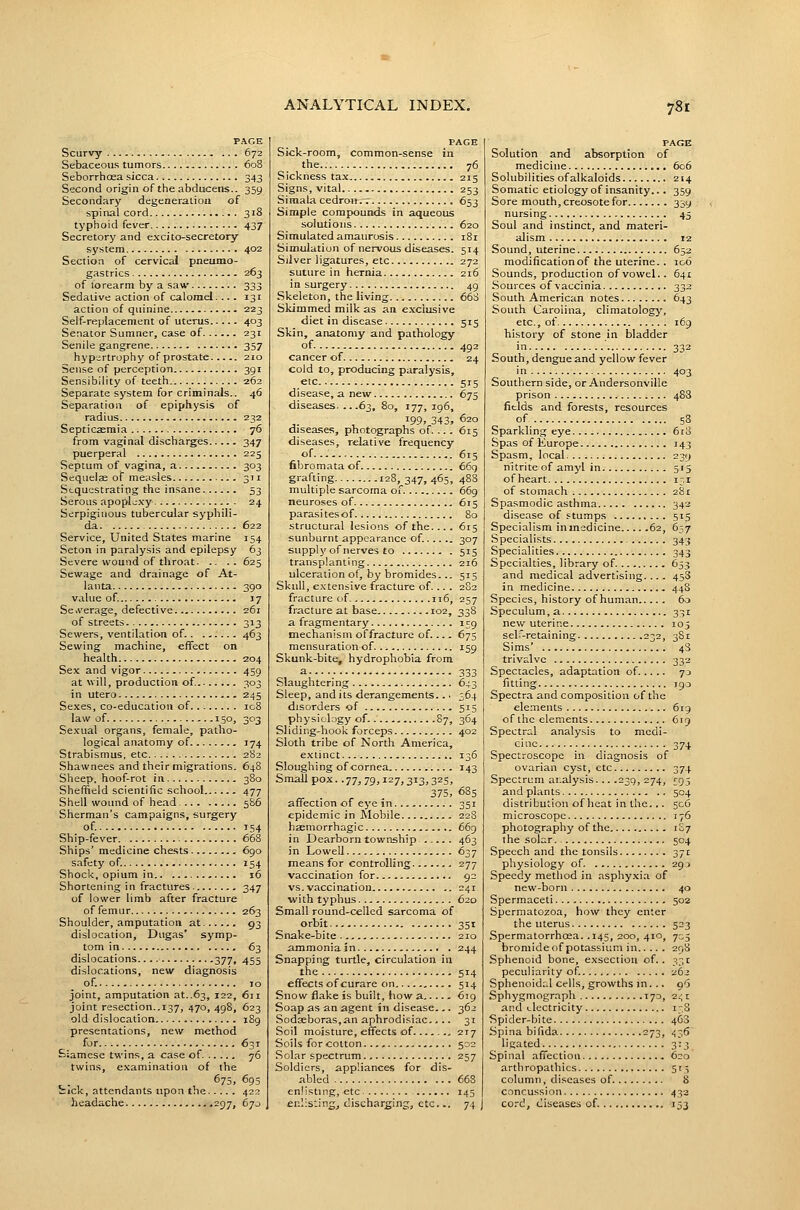 PAGE Scurvy 672 Sebaceous tumors 608 Seborrhoea sicca 343 Second origin of the abducens.. 359 Secondary degeneration of spinal cord 318 typhoid fever 437 Secretory and exci to-secretory system 402 Section of cervical pneumo- gastrics 263 of lorearm by a saw 333 Sedative action of calomel 131 action of quinine 223 Self-replacement of uterus 403 Senator Sumner, case of 231 Senile gangrene 357 hypertrophy of prostate 210 Sense of perception 391 Sensibility of teeth 262 Separate system for criminals.. 46 Separation of epiphysis of radius 232 Septicaemia 76 from vaginal discharges 347 puerperal 225 Septum of vagina, a 303 Sequelae of measles 311 Sequestrating the insane. 53 Serous apopljxy 24 Serpiginous tubercular syphili- da 622 Service, United States marine 154 Seton in paralysis and epilepsy 63 Severe wound of throat 625 Sewage and drainage of At- lanta 390 value of. 17 Se.verage, defective 261 of streets 313 Sewers, ventilation of. 463 Sewing machine, effect on health 204 Sex and vigor 459 at will, production of. 303 in utero 245 Sexes, co-education of ic8 law of 150, 303 Se.\'ual organs, female, patho- logical anatomy of 174 Strabismus, etc 282 Shawnees and their migrations. 648 Sheep, hoof-rot in 380 Sheffield scientific school 477 Shell wound of head 586 Sherman's campaigns, surgery of. 154 Ship-fever 668 Ships' medicine chests 690 safety of. 154 Shock, opium in 16 Shortening in fractures 347 of lower limb after fracture of femur 263 Shoulder, amputation at 93 dislocation, Dugas' symp- tom in 63 dislocations 377, 455 dislocations, new diagnosis of. ID joint, amputation at. .63, 122, 611 joint resection..137, 470, 498, 623 old dislocation 189 presentations, new method for 631 Siamese twins, a case of 76 twins, examination of the 673, 695 tick, attendants upon the 422 headache 297, 670 PAGE Sick-room, common-sense in the 76 Sickness tax 215 Signs, vital 253 Simala cedron 653 Simple compounds in aqueous solutions 620 Simulated amaurosis 181 Simulation of nervous diseases. 514 Silver ligatures, etc 272 suture in hernia 216 in surgery 49 Skeleton, the living 668 Skimmed milk as an exclusive diet in disease 515 Skin, anatomy and pathology of. , 492 cancer of 24 cold to, producing paralysis, ^.etc 51S disease, a new 675 diseases. ...63, 80, 177, 196, 199, 343, 620 diseases, photographs of. ... 615 diseases, relative frequency of 615 fibromata of 669 grafting 128,347,465, 488 multiple sarcoma of. 669 neuroses of 615 parasitesof 80 structural lesions of the.... 6:5 sunburnt appearance of. 307 supply of nerves to 515 transplanting 216 ulceration of, by bromides... 513 Skull, extensive fracture of... . 282 fracture of 116, 257 fracture at base 102, 338 a fragmentary 159 mechanism offracturc of. 675 mensuration of 159 Skunk-bite, hydrophobia from a 333 Slaughtering 643 Sleep, and its derangements... 364 disorders of 515 physiology of. 87, 364 Sliding-hook forceps 402 Sloth tribe of North America, extinct 136 Sloughing of cornea 143 Smallpox. .77;, 79.127,313, 325, ^ . 375, 685 affection of eye in 351 epidemic in Mobile 22S haeraorrhagic 669 in Dearborn township 463 in Lowell 637 means for controlling 277 vaccination for 92 vs. vaccination 241 with typhus 620 Small round-celled sarcoma of orbit 351 Snake-bite 210 aniraoniain 244 Snapping turtle, circulation in the 514 effects of curare on 514 Snow flake is built, how a 619 Soap as an agent in disease 362 Sodaeboras,an aphrodisiac,... 31 Soil moisture, effects of 217 Soils for cotton 502 Solar spectrum 257 Soldiers, appliances for dis- abled 668 enlisting, etc 145 enlisting, discharging, etc... 74 PAGE Solution and absorption of medicine 606 Solubilities of alkaloids 214 Somatic etiology of insanity... 359 Sore mouth, creosote for 339 nursing...._ 45 Soul and instinct, and materi- alism 12 Sound, uterine 652 modification of the uterine. . icO Sounds, production of vowel.. 641 Sources of vaccinia 332 South American notes 643 South Carolina, climatology, etc., of 169 history of stone in bladder in ' 332 South, dengue and yellow fever in 403 Southern side, or Andersonville prison 488 fields and forests, resources of 58 Sparkling eye 6i3 Spas of Europe 143 Spasm, local 239 nitrite of amy! in 515 ofheart 131 of stomach 281 Spasmodic asthma 342 disease of stumps 513 Specialism in medicine 62, C57 .Specialists 343 Specialities 343 Specialties, library of 653 and medical advertising. ... 458 in medicine 44S Species, history of human 6.3 Speculum,a 331 new uterine 105 self-retaining 232, 381 Sims' , 48 trivalvc 332 Spectacles, adaptation of 73 fitting 190 Spectra and composition of the ele.Tients 619 of the elements 619 Spectral analysis to medi- cine 374 Spectroscope in diagnosis of ovarian cyst, etc 374 Spectrum analysis... .239, 274, ^95 and plants 504 distribution of heat in the... 506 microscope 176 photography of the 1^7 the solar. 504 Speech and the tonsils 371 physiology of 29j Speedy method in asphyxia of new-born 40 Spermaceti 502 Spermatozoa, how they enter the uterus 523 Spermatorrhoea. .145, zoo, 410, 705 bromideof potassium in 298 Sphenoid bone, exsectioii of.. 331 peculiarity of. 262 Sphenoidal cells, growths in. .. 96 Sphygmograph 170, 2j, z and Llectricity i-,8 Spider-bite 468 Spina bifida 273, 436 ligated 3:3 Spinal affection 620 arthropathies 513 column, diseases of 8 concussion 432 co.-d, tliseases of 153