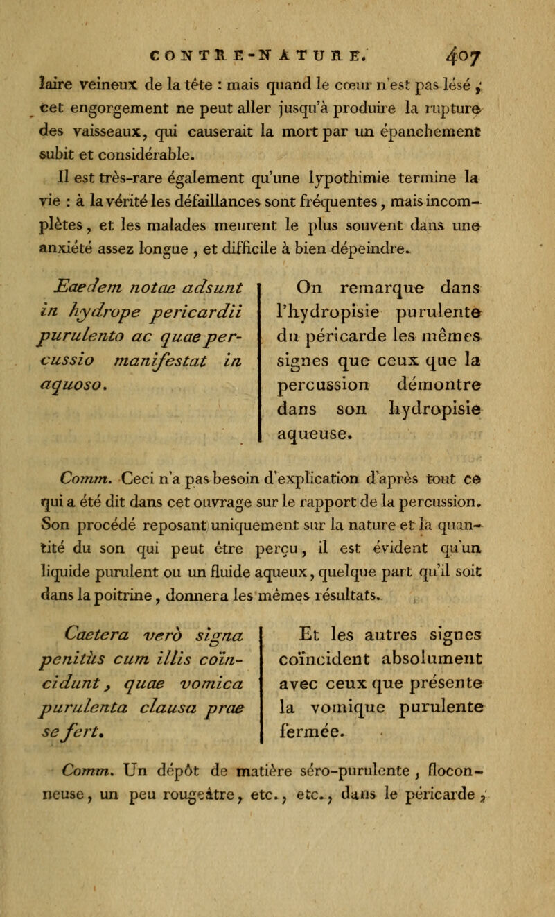 îaire veineux de la tête : mais quand le coeur n'est pas lésé y\ cet engorgement ne peut aller jusqu'à produire la rupture des vaisseaux, qui causerait la mort par un épanchement subit et considérable. Il est très-rare également qu'une Ivpothimie termine la vie : à la vérité les défaillances sont fréquentes, mais incom- plètes , et les malades meurent le plus souvent dans une- anxiété assez longue , et difficile à bien dépeindre^ JEaedem notae adsunt in hydrope pericardii purulento ac quae per- cussio manifestât in aquoso. On remarque dans Tliydropisie purulente du péricarde les mêmes signes que ceux que la percussion démontre dans son hydropisié aqueuse. Comm. Ceci n'a pas besoin d'explication d'après tout ce qui a été dit dans cet ouvrage sur le rapport de la percussion» Son procédé reposant uniquement sur la nature et la quan- tité du son qui peut être perçu, il est évident qu'un liquide purulent ou un fluide aqueux, quelque part qu'il soit dans la poitrine, donnera les mêmes résultats. Caetera verb signa penitus cum Mis coïn- cidant , quae vomica purulenta clausa prae sefert. Et les autres signes coïncident absolument avec ceux que présente la vomique purulente fermée. Comm. Un dépôt de matière séro-purulente , flocon-