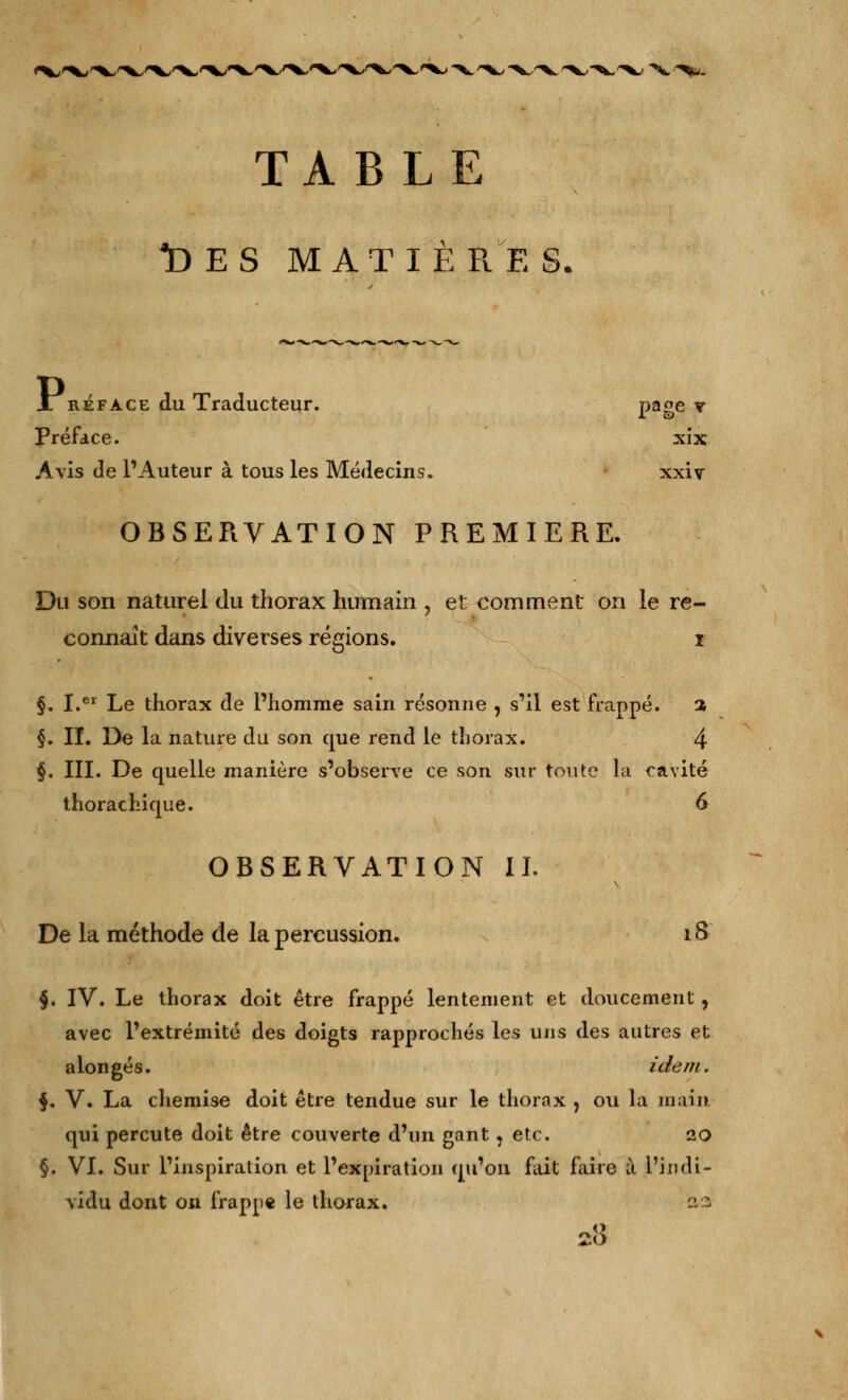N.^. TABLE t)ES MATIÈRES. JL réface du Traducteur. Page ▼ Préface. xix Avis de l'Auteur à tous les Médecins. xxiv OBSERVATION PREMIERE. Du son naturel du thorax humain , et comment on le re- connaît dans diverses régions. §. I.er Le thorax de Phomrae sain résonne , s'il est frappé. a §. II. De la nature du son que rend le thorax. 4 thorachique. 6 OBSERVATION IL De la méthode de la percussion. 18 §. IV. Le thorax doit être frappé lentement et doucement, avec l'extrémité des doigts rapprochés les uns des autres et alongés. idem. $. V. La chemise doit être tendue sur le thorax , ou la main qui percute doit être couverte d'un gant, etc. 10 §. VI. Sur l'inspiration et l'expiration qu'on fait faire à l'indi- vidu dont on frappe le thorax. 2.1 28 \