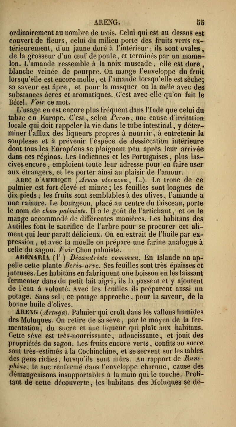 ordinairement au nombre de trois. Celui qui est au dessus est couvert de fleurs, celui du milieu porte des fruits verts ex- térieurement, d'un jaune doré à l'intérieur ; ils sont ovales, de la grosseur d'un œuf de poule, et terminés par un mame- lon. L'amande ressemble à la noix muscade, elle est dnre , blanche veinée de pourpre. On mange l'enveloppe du fruit lorsqu'elle est encore molle, et l'amande lorsqu'elle est sèche; sa saveur est âpre , et pour la masquer on la mêle avec des substances acres et aromatiques. C'est avec elle qu'on fait le Bétel. Voir ce mot. L'usage en est encore plus fréquent dans l'Inde que celui du tabac en Europe. C'est, selon Peron, une cause d'irritation locale qui doit rappeler la vie dans le tube intestinal, y déter- miner l'afflux des liqueurs propres à nourrir, à entretenir la souplesse et à prévenir l'espèce de dessiccation intérieure dont tous les Européens se plaignent peu après leur arrivée dans ces régions. Les Indiennes et les Portugaises, plus las- cives encore, emploient toute leur adresse pour en faire user aux étrangers, et les porter ainsi au plaisir de l'amour. Arec d'Amérique [Areca oleracea, L.). Le tronc de ce palmier est fort élevé et mince ; les feuilles sont longues de dix pieds ; les fruits sont semblables à des olives, l'amande a une rainure. Le bourgeon, placé au centre du faisceau, porte le nom de chou palmiste. Il a le goût de l'artichaut, et on le mange accommodé de différentes manières. Les habitans des Antilles font le sacrifice de l'arbre pour se procurer cet ali- ment qui leur paraît délicieux. On en extrait de l'huile par ex- pression , et avec la moelle on prépare une farine analogue à celle du sagou. Voir Chou palmiste. ARÉNA1UA ( 1' ) Dêcandriste commun. En Islande on ap- pelle cette plante Beria-arve. Ses feuilles sont très-épaisses et juteuses. Les habitans en fabriquent une boisson en les laissant fermenter dans du petit lait aigri, ils la passent et y ajoutent de l'eau à volonté. Avec les feuilles ils préparent aussi un potage. Sans sel, ce potage approche, pour la saveur, de la bonne huile d'olives. areng (Artuga). Palmier qui croît dans les vallons humides des Moluques. On relire de sa sève, par le moyen de la fer- mentation, du sucre et une liqueur qui plaît aux habitans. Cette sève est très-nourrissante, adoucissante, et jouit des propriétés du sagou. Les fruits encore verts, confits au sucre sont très-estimés à la Cochinchine, et se servent sur les tables des gens riches, lorsqu'ils sont mûrs. Au rapport de Rum- phius, le suc renfermé dans l'enveloppe charnue, cause des démangeaisons insupportables à la main qui le touche. Profi- tant de cette découverte, les habitans des Moluques se dé-