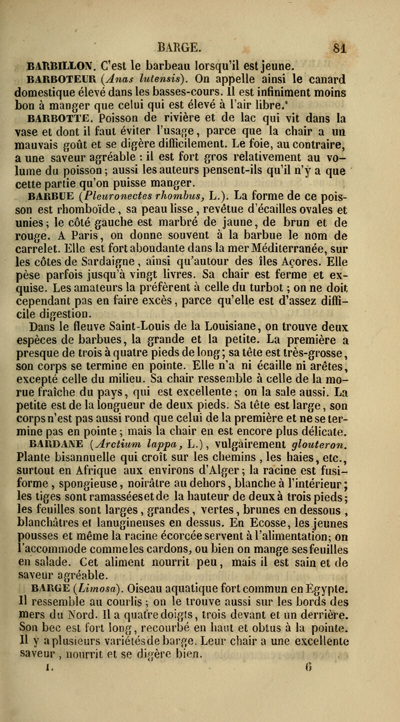 BARBILLON. C'est le barbeau lorsqu'il est jeune. barboteur (Anas lutensis). On appelle ainsi le canard domestique élevé dans les basses-cours. 11 est infiniment moins bon à manger que celui qui est élevé à l'air libre.' barbotte. Poisson de rivière et de lac qui vit dans la vase et dont il faut éviter l'usage, parce que la chair a un mauvais goût et se digère difficilement. Le foie, au contraire, a une saveur agréable : il est fort gros relativement au vo- lume du poisson ; aussi les auteurs pensent-ils qu'il n'y a que cette partie qu'on puisse manger. BARBUE (Pleuronectes rhomhus, L.). La forme de Ce pois- son est rhomboïde, sa peau lisse, revêtue d'écaillés ovales et unies; le côté gauche est marbré de jaune, de brun et de rouge. A Paris, on donne souvent à la barbue le nom de carrelet. Elle est fort abondante dans la mer Méditerranée, sur les côtes de Sardaigne, ainsi qu'autour des îles Acores. Elle pèse parfois jusqu'à vingt livres. Sa chair est ferme et ex- quise. Les amateurs la préfèrent à celle du turbot ; on ne doit cependant pas en faire excès, parce qu'elle est d'assez diffi- cile digestion. Dans le fleuve Saint-Louis de la Louisiane, on trouve deux espèces de barbues, la grande et la petite. La première a presque de trois à quatre pieds de long; sa tête est très-grosse, son corps se termine en pointe. Elle n'a ni écaille ni arêtes, excepté celle du milieu. Sa chair ressemble à celle de la mo- rue fraîche du pays, qui est excellente; on la sale aussi. La petite est de la longueur de deux pieds. Sa tête est large, son corps n'est pas aussi rond que celui de la première et ne se ter- mine pas en pointe ; mais la chair en est encore plus délicate. BARDANE (Arctium lappa, L.), vulgairement glouteron. Plante bisannuelle qui croît sur les chemins , les haies, etc., surtout en Afrique aux environs d'Alger ; la racine est fusi- forme, spongieuse, noirâtre au dehors, blanche à l'intérieur ; les tiges sont ramasséesetde la hauteur de deux à trois pieds; les feuilles sont larges, grandes, vertes, brunes en dessous , blanchâtres et lanugineuses en dessus. En Ecosse, les jeunes pousses et même la racine écorcée servent à l'alimentation; on l'accommode comme les cardons, ou bien on mange ses feuilles en salade. Cet aliment nourrit peu, mais il est sain et de saveur agréable. barge (Limosa). Oiseau aquatique fort commun en Egypte. Il ressemble au courlis ; on le trouve aussi sur les bords des mers du Nord. Il a quatre doigts, trois devant et un derrière. Son bec est fort long, recourbé en haut et obtus à la pointe. H y aplusieurs variétésdebarge. Leur chair a une excellente saveur , nourrit et se digère bien. I. (5