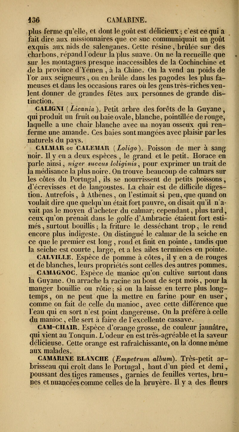 plus ferme qu'elle, et dont le .omit est délicieux ; c'est ce qui a fait dire aux missionnaires que ce suc communiquait un goût exquis aux nids de salenganes. Cette résine, brûlée sur des charbons, répand l'odeur la plus suave, On ne la recueille que sur les montagnes presque inaccessibles de la Cochincliine et de la province d'Yémen , à la Chine. On la vend au poids de l'or aux seigneurs , on en brûle dans les pagodes les plus fa- meuses et dans les occasions rares où les gens très-riches veu- lent donner de grandes fêtes aux personnes de grande dis- tinction. caligni (Licanla). Petit arbre des forêts delà Guyane, qui produit un fruit ou baie ovale, blanche, pointillée de rouge, laquelle a une chair blanche avec un noyau osseux qui ren- ferme une amande. Ces baies sont mangées avec plaisir par les naturels du pays. calmar ou calemar {Loligo). Poisson de mer à sang noir. Il y en a deux espèces , le grand et le petit. Horace en parle ainsi, niger succus loliginis, pour exprimer un trait de la médisance la plus noire. On trouve beaucoup de calmars sur les côtes du Portugal, ils se nourrissent de petits poissons, d'écrevisses et de langoustes. La chair est de difficile diges- tion. Autrefois , à Athènes, on l'estimait si peu, que quand on voulait dire que quelqu'un était fort pauvre, on disait qu'il n'a- vait pas le moyen d'acheter du calmar; cependant, plus tard, ceux qu'on prenait dans le golfe d'Ambracie étaient fort esti- més , surtout bouillis ; la friture le desséchant trop, le rend encore plus hidigeste. On distingué le calmar de la seiche en ce que le premier est long, rond et finit en pointe , tandis que la seiche est courte , large, et a les ailes terminées en pointe. calville. Espèce de pomme à côtes, il y en a de rouges et de blanches, leurs propriétés sont celles des autres pommes. CAMAGNOC. Espèce de manioc qu'on cultive surtout dans la Guyane. On arrache la racine au bout de sept mois, pour la manger bouillie ou rôtie : si on la laisse en terre plus long- temps , on ne peut que la mettre en farine pour en user, comme on fait de celle du manioc, avec cette différence que l'eau qui en sort n'est point dangereuse. On la préfère à celle du manioc, elle sert à faire de l'excellente cassave. cam-chair. Espèce d'orange grosse, de couleur jaunâtre, qui vient au Tonquin. L'odeur en est très-agréable et la saveur délicieuse. Cette orange est rafraîchissante, on la donne même aux malades. CAMARINE BLANCHE (Empetrum album). Très-petit ar- brisseau qui croît dans le Portugal, haut d'un pied et demi, poussant des tiges rameuses, garnies de feuilles vertes, bru- nes et nuancées comme celles delà bruyère. Il y a des fleurs