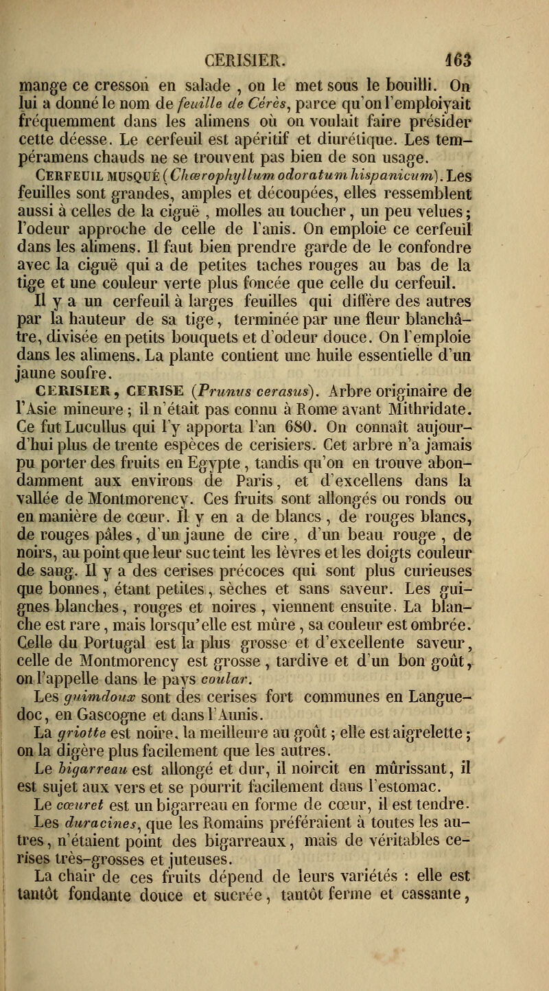 mange ce cresson en salade , on le met sous le bouilli. On lui a donné le nom de feuille de Cérès, parce qu'on l'emploiyait fréquemment dans les alimens où on voulait faire présider cette déesse. Le cerfeuil est apéritif et diurétique. Les tem- péramens chauds ne se trouvent pas bien de son usage. CERFEUIL MUSQUÉ ( Chœropkyllum odoratum hispanicum). Les feuilles sont grandes, amples et découpées, elles ressemblent aussi à celles de la ciguë , molles au toucher, un peu velues ; Fodeur approche de celle de l'anis. On emploie ce cerfeuil dans les alimens. Il faut bien prendre garde de le confondre avec la ciguë qui a de petites taches rouges au bas de la tige et une couleur verte plus foncée que celle du cerfeuil. Il y a un cerfeuil à larges feuilles qui diffère des autres par la hauteur de sa tige, terminée par une fleur blanchâ- tre, divisée en petits bouquets et d'odeur douce. On l'emploie dans les alimens. La plante contient une huile essentielle d'un jaune soufre. CERISIER, CERISE (Prunus cerasus). Arbre originaire de l'Asie mineure ; il n'était pas connu à Rome avant Mithridate. Ce futLucullus qui l'y apporta l'an 680. On connaît aujour- d'hui plus de trente espèces de cerisiers. Cet arbre n'a jamais pu porter des fruits en Egypte , tandis qu'on en trouve abon- damment aux environs de Paris, et d'excellens dans la vallée de Montmorency. Ces fruits sont allongés ou ronds ou en manière de cœur. Il y en a de blancs , de rouges blancs, de rouges pâles, d'un jaune de cire, d'un beau rouge , de noirs, au point que leur suc teint les lèvres et les doigts couleur de sang. Il y a des cerises précoces qui sont plus curieuses que bonnes, étant petites, sèches et sans saveur. Les gui- gnes blanches, rouges et noires, viennent ensuite. La blan- che est rare, mais lorsqu'elle est mûre, sa couleur est ombrée. Celle du Portugal est la plus grosse et d'excellente saveur, celle de Montmorency est grosse , tardive et d'un bon goût, on l'appelle dans le pays coular. Les guimdoux sont des cerises fort communes en Langue- doc, en Gascogne et danslAunis. La griotte est noire, la meilleure au goût ; elle est aigrelette ; on la digère plus facilement que les autres. Le bigarreau est allongé et dur, il noircit en mûrissant, il est sujet aux vers et se pourrit facilement dans l'estomac. Le cœur et est un bigarreau en forme de cœur, il est tendre. Les duracines, que les Romains préféraient à toutes les au- tres , n'étaient point des bigarreaux, mais de véritables ce- rises très-grosses et juteuses. La chair de ces fruits dépend de leurs variétés : elle est tantôt fondante douce et sucrée, tantôt ferme et cassante,