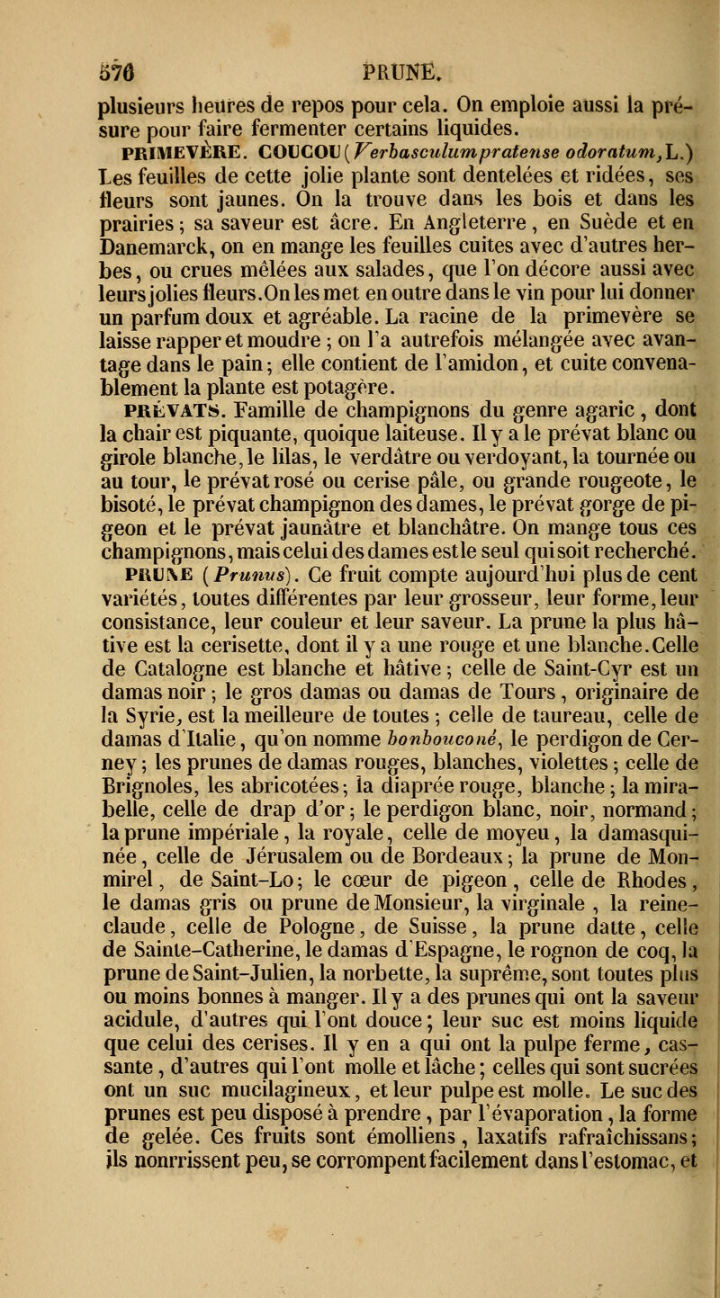 57Ô PRUNE. plusieurs heures de repos pour cela. On emploie aussi la pré- sure pour faire fermenter certains liquides. PRIMEVÈRE. COUCOU( Verbasculumpratense odoratum}L.) Les feuilles de cette jolie plante sont dentelées et ridées, ses fleurs sont jaunes. On la trouve dans les bois et dans les prairies; sa saveur est acre. En Angleterre, en Suède et en Danemarck, on en mange les feuilles cuites avec d'autres her- bes , ou crues mêlées aux salades, que l'on décore aussi avec leurs jolies fleurs.On les met en outre dans le vin pour lui donner un parfum doux et agréable. La racine de la primevère se laisse rapper et moudre ; on Ta autrefois mélangée avec avan- tage dans le pain; elle contient de 1' amidon, et cuite convena- blement la plante est potagère. prévats. Famille de champignons du genre agaric, dont la chair est piquante, quoique laiteuse. Il y a le prévat blanc ou girole blanche, le lilas, le verdâtre ou verdoyant, la tournée ou au tour, le prévat rosé ou cerise pâle, ou grande rougeote, le bisoté, le prévat champignon des clames, le prévat gorge de pi- geon et le prévat jaunâtre et blanchâtre. On mange tous ces champignons, mais celui des dames est le seul qui soit recherché. PRUftE (Prunus). Ce fruit compte aujourd'hui plus de cent variétés, toutes différentes par leur grosseur, leur forme,leur consistance, leur couleur et leur saveur. La prune la plus hâ- tive est la cerisette, dont il y a une rouge et une blanche.Celle de Catalogne est blanche et hâtive ; celle de Saint-Cyr est un damas noir ; le gros damas ou damas de Tours, originaire de la Syrie, est la meilleure de toutes ; celle de taureau, celle de damas d'Italie, qu'on nomme bonbouconé, le perdigonde Cer- ney ; les prunes de damas rouges, blanches, violettes ; celle de Brignoles, les abricotées; la diaprée rouge, blanche; la mira- belle, celle de drap d'or; leperdigon blanc, noir, normand; la prune impériale, la royale, celle de moyeu, la damasqui- née , celle de Jérusalem ou de Bordeaux ; la prune de Mon- mirel, de Saint-Lo ; le cœur de pigeon , celle de Rhodes, le damas gris ou prune de Monsieur, la virginale , la reine- claude, celle de Pologne, de Suisse, la prune datte, celle de Sainte-Catherine, le damas d'Espagne, le rognon de coq, la prune de Saint-Julien, la norbette, la suprême, sont toutes plus ou moins bonnes à manger. Il y a des prunes qui ont la saveur acidulé, d'autres qui l'ont douce ; leur suc est moins liquide que celui des cerises. Il y en a qui ont la pulpe ferme, cas- sante , d'autres qui l'ont molle et lâche ; celles qui sont sucrées ont un suc mucilagineux, et leur pulpe est molle» Le suc des prunes est peu disposé à prendre, par l'évaporation, la forme de gelée. Ces fruits sont émolliens, laxatifs rafraîchissans; ils nonrrissent peu, se corrompent facilement dansl'estomac, et