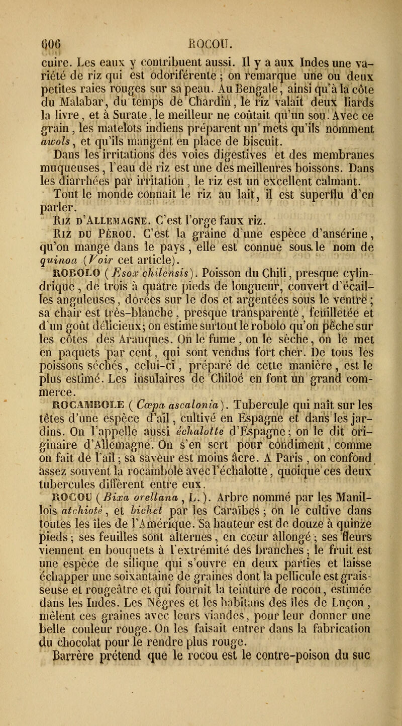cuire. Les eaux y contribuent aussi. Il y a aux Indes une va- riété de riz qui est odoriférente 5 on remarque une ou deux petites raies rouges sur sa peau. Au Bengale, ainsi qu'à la côte du Malabar, du temps de Chardin, le riz valait deux liarcls la livre, et à Surate, le meilleur ne coûtait qu'un sou. Avec ce grain, les matelots indiens préparent un mets qu'ils nomment envols, et qu'ils mangent en place de biscuit. Dans les irritations des voies digestives et des membranes muqueuses, leau de riz est une des meilleures boissons. Dans les diarrhées par irritation j le riz est un excellent calmant. Tout le monde connaît le riz au lait, il est superflu d'en parler. Riz d'Allemagne. C'est l'orge faux riz. Riz du Pérou. C'est la graine d'une espèce d'ansérine, qu'on mange dans le pays, elle est connue sous, le nom de quinoa {Voir cet article). ROBOLO ( Rsox chilensis). Poisson du Chili, presque cylin- drique , de trois à quatre pieds de longueur, couvert d1 écail- les anguleuses, dorées sur le dos et argentées sous le ventre ; sa chair est très-blanche, presque transparente, feuilletée et dïm goût délicieux-, on estime surtout le robolo qu'on pêche sur les côtes des Arauques. On le fume , on le sèche, on le met en paquets par cent, qui sont vendus fort cher. De tous les poissons séchés, celui-ci, préparé de cette manière , est le plus estimé. Les insulaires de Chiloé en font un grand com- merce. ROCAMBOLE ( Cœpa, ascalonia). Tubercule qui naît sur les têtes d'une espèce d'ail, cultivé en Espagne et dans les jar- dins. On l'appelle aussi èchalotte d'Espagne; on le dit ori- ginaire d'Allemagne. On s'en sert pour condiment, comme on fait de l'ail ; sa saveur est moins acre. A Paris , on confond assez souvent la rocamboleavecï'échalotte, quoique ces deux tubercules diffèrent entre eux. ROCOU (Bixa orellana, L.). Arbre nommé par les Manil- lois atchioté, et bichet par les Caraïbes ; on le cultive dans toutes les îles de l'Amérique. Sa hauteur est de douze à quinze pieds ; ses feuilles sont alternes, en cœur allongé ; ses fleurs viennent en bouquets à Textrémité des branches ; le fruit est une espèce de silique qui s'ouvre en deux parties et laisse échapper une soixantaine de graines dont la pellicule est grais- seuse et rougeâtre et qui fournit la teinture de rocou, estimée dans les Indes. Les Nègres et les habitans des îles de Luçon , mêlent ces graines avec leurs viandes, pour leur donner une belle couleur rouge. On les faisait entrer dans la fabrication du chocolat pour le rendre plus rouge. Barrère prétend que le rocou est le contre-poison du suc