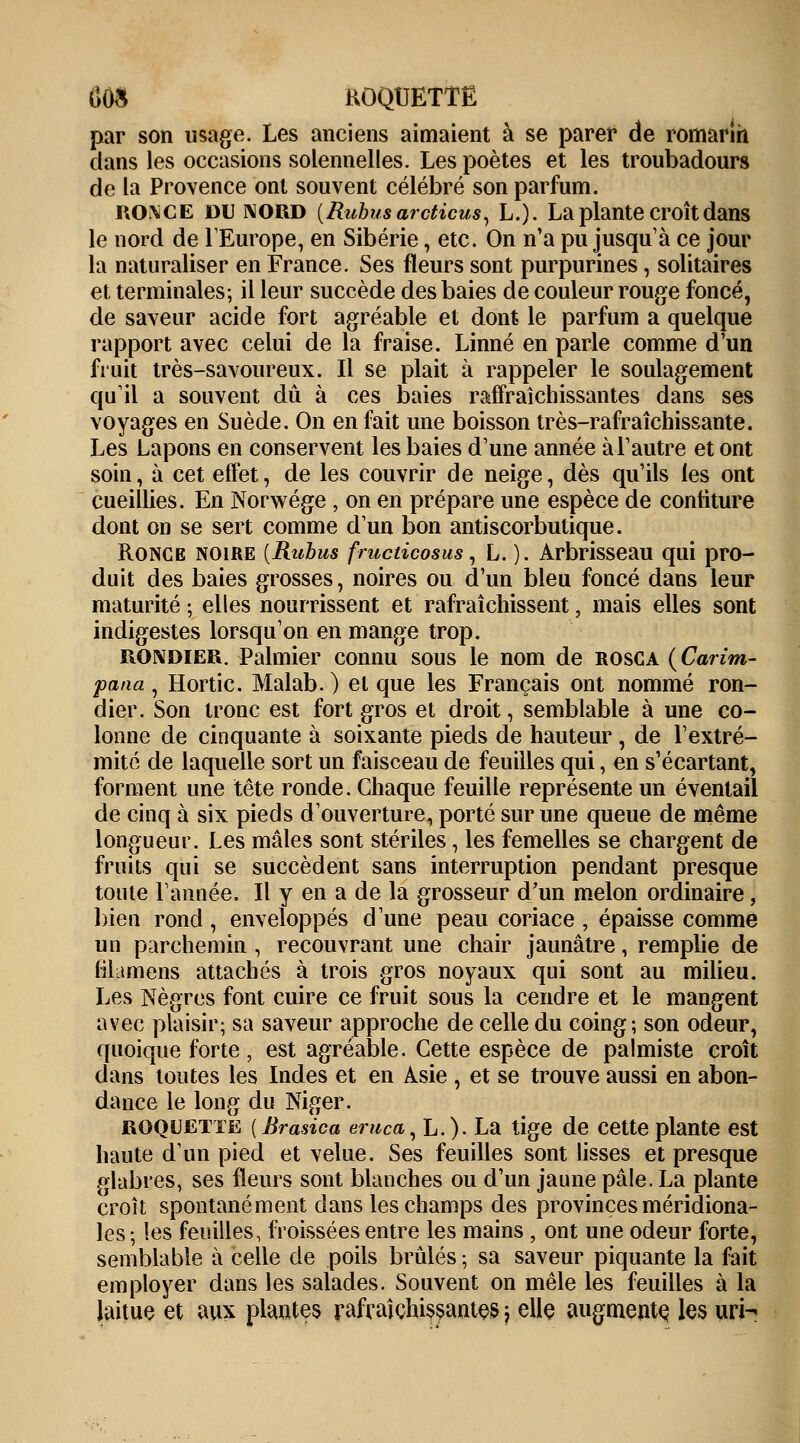 (>05 HOQUETTE par son usage. Les anciens aimaient à se parer de romarin dans les occasions solennelles. Les poètes et les troubadours de la Provence ont souvent célébré son parfum. ro\ce du nord [Rubus arcticus, L.). La plante croît dans le nord de l'Europe, en Sibérie, etc. On n'a pu jusqu'à ce jour la naturaliser en France. Ses fleurs sont purpurines, solitaires et terminales; il leur succède des baies de couleur rouge foncé, de saveur acide fort agréable et dont le parfum a quelque rapport avec celui de la fraise. Linné en parle comme d'un fruit très-savoureux. Il se plait à rappeler le soulagement qu'il a souvent dû à ces baies raffraîchissantes dans ses voyages en Suède. On en fait une boisson très-rafraîchissante. Les Lapons en conservent les baies d'une année à l'autre et ont soin, à cet effet, de les couvrir de neige, dès qu'ils les ont cueillies. En Norwége , on en prépare une espèce de confiture dont on se sert comme d'un bon antiscorbutique. Ronce noire {Rubus fructicosus, L. ). Arbrisseau qui pro- duit des baies grosses, noires ou d'un bleu foncé dans leur maturité ; elles nourrissent et rafraîchissent, mais elles sont indigestes lorsqu'on en mange trop. RONDIER. Palmier connu sous le nom de rosca (Carim- pana , Hortic. Malab. ) et que les Français ont nommé ron- dier. Son tronc est fort gros et droit, semblable à une co- lonne de cinquante à soixante pieds de hauteur, de l'extré- mité de laquelle sort un faisceau de feuilles qui, en s'écartant, forment une tête ronde. Chaque feuille représente un éventail de cinq à six pieds d'ouverture, porté sur une queue de même longueur. Les mâles sont stériles, les femelles se chargent de fruits qui se succèdent sans interruption pendant presque toute Tannée. Il y en a de la grosseur d'un melon ordinaire, bien rond, enveloppés d'une peau coriace , épaisse comme un parchemin , recouvrant une chair jaunâtre, remplie de lilamens attachés à trois gros noyaux qui sont au milieu. Les Nègres font cuire ce fruit sous la cendre et le mangent avec plaisir; sa saveur approche de celle du coing; son odeur, quoique forte, est agréable. Cette espèce de palmiste croît dans toutes les Indes et en Asie , et se trouve aussi en abon- dance le long du Niger. roquette (Brasica eruca, L.). La tige de cette plante est haute d'un pied et velue. Ses feuilles sont lisses et presque glabres, ses fleurs sont blanches ou d'un jaune pâle. La plante croît spontanément dans les champs des provinces méridiona- les; les feuilles, froissées entre les mains , ont une odeur forte, semblable à celle de poils brûlés ; sa saveur piquante la fait employer dans les salades. Souvent on mêle les feuilles à la laitue et aux plantes rafraîchissantes , elle augmente, les urh