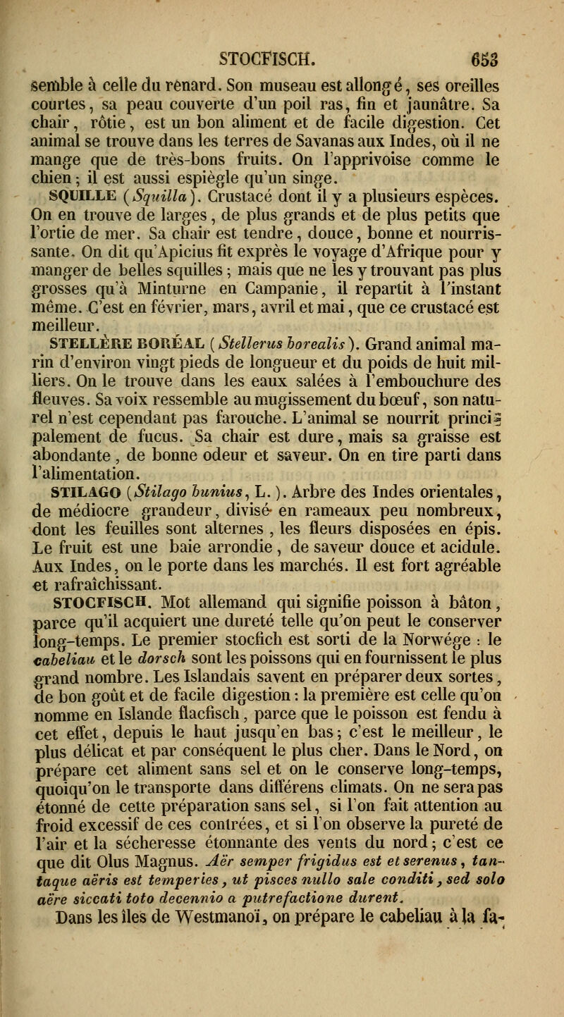 semble à celle du renard. Son museau est allongé, ses oreilles courtes, sa peau couverte d'un poil ras, fin et jaunâtre. Sa chair, rôtie, est un bon aliment et de facile digestion. Cet animal se trouve dans les terres de Savanas aux Indes, où il ne mange que de très-bons fruits. On l'apprivoise comme le chien; il est aussi espiègle qu'un singe. SQUILLE (Squilla). Crustacé dont il y a plusieurs espèces. On en trouve de larges, de plus grands et de plus petits que l'ortie de mer. Sa chair est tendre, douce, bonne et nourris- sante. On dit qu'Apicius fit exprès le voyage d'Afrique pour y manger de belles squilles ; mais que ne les y trouvant pas plus grosses qu'à Minturne en Campanie, il repartit à l'instant même. C'est en février, mars, avril et mai, que ce crustacé est meilleur. STELLÈRE BORÉAL (Stellerus borealis). Grand animal ma- rin d'environ vingt pieds de longueur et du poids de huit mil- liers. On le trouve dans les eaux salées à l'embouchure des fleuves. Sa voix ressemble au mugissement du bœuf, son natu- rel n'est cependant pas farouche. L'animal se nourrit princii paiement de fucus. Sa chair est dure, mais sa graisse est abondante , de bonne odeur et saveur. On en tire parti dans l'alimentation. STILAGO {Stilago bunius, L. ). Arbre des Indes orientales, de médiocre grandeur, divisé- en rameaux peu nombreux, dont les feuilles sont alternes , les fleurs disposées en épis. Le fruit est une baie arrondie , de saveur douce et acidulé. Aux Indes, on le porte dans les marchés. Il est fort agréable et rafraîchissant. STOCFISCH. Mot allemand qui signifie poisson à bâton, parce qu'il acquiert une dureté telle qu'on peut le conserver long-temps. Le premier stocfich est sorti de la Norwége : le aabeliau et le dorsch sont les poissons qui en fournissent le plus grand nombre. Les Islandais savent en préparer deux sortes, de bon goût et de facile digestion : la première est celle qu'on nomme en Islande flacfisch, parce que le poisson est fendu à cet effet, depuis le haut jusqu'en bas ; c'est le meilleur, le plus délicat et par conséquent le plus cher. Dans le Nord, on prépare cet aliment sans sel et on le conserve long-temps, quoiqu'on le transporte dans différens climats. On ne sera pas étonné de cette préparation sans sel, si Ton fait attention au froid excessif de ces contrées, et si Ion observe la pureté de l'air et la sécheresse étonnante des vents du nord ; c'est ce que dit Olus Magnus. Aër semper frigidus est etserenus, tan- taque aëris est temperies, ut pisces nullo sale conditi , sed solo aère siccati toto decennio a putrefactione durent. Dans les îles de Westmanoï, on prépare le cabeliau à la fa-