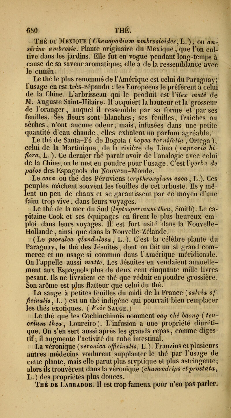 Thé OU MEXIQUE ( Chenopàdium amlrosioides, L. ) , ou an~ serine ambrosie. Plante originaire du Mexique, que l'on cul- tive dans les jardins. Elle fut en vogue pendant long-temps à cause de sa saveur aromatique; elle a de la ressemblance avec le cumin. Le thé le plus renommé de l'Amérique est celui du Paraguay; l'usage en est très-répandu : les Européens le préfèrent à celui de la Chine. L'arbrisseau qui le produit est Yilex maté de M. Auguste Saint-Hilaire. Il acquiert la hauteur et la grosseur de l'oranger, auquel il ressemble par sa forme et par ses feuilles. Ses fleurs sont blanches; ses feuilles, fraîches ou sèches , n'ont aucune odeur; mais, infusées dans une petite quantité d'eau chaude , elles exhalent un parfum agréable. Le thé de Santa-Fé de Bogota ( hopea tomifolia, Ortega ), celui de la Martinique, de la rivière de Lima ( capraria M- floray L. ). Ce dernier thé paraît avoir de l'analogie avec celui de la Chine; on le met en poudre pour l'usage. C'est Yyerh% de pal os des Espagnols du Nouveau-Monde. Le coca ou thé des Péruviens {erythroxijlum coca, L.). Ces peuples mâchent souvent les feuilles de cet arbuste. Ils y mê- lent un peu de chaux et se garantissent par ce moyen d'une faim trop vive, dans leurs voyages. Le thé de la mer du Sud (leptospermum thea.} Smith). Le ca- pitaine Cook et ses équipages en firent le plus heureux em- ploi dans leurs voyages. Il est fort usité dans la Nouvelle- Hollande , ainsi que dans la Nouvelle-Zélande. (Le psoralea glandulosa, L.). C'est la célèbre plante du Paraguay, le thé des Jésuites, dont on fait un si grand com- merce et un usage si commun dans l'Amérique méridionale. On l'appelle aussi matte. Les Jésuites en vendaient annuelle- ment aux Espagnols plus de deux cent cinquante mille livres pesant. Ils ne livraient ce thé que réduit en poudre grossière. Son arôme est plus flatteur que celui du thé. La sauge à petites feuilles du midi de la France ( salvia of- ficinalis, L. ) est un thé indigène qui pourrait bien remplacer les thés exotiques. ( Voir Sauge.) Le thé que les Cochinchinois nomment cay ché baong^ ( teu- crium thea, Loureiro). L'infusion a une propriété diuréti- que. On s'en sert aussi après les grands repas, comme diges- tif ; il augmente l'activité du tube intestinal. La véronique (veronica officinalis, L.). Franzius et plusieurs autres médecins voulurent supplanter le thé par l'usage de cette plante, mais elle parut plus styptique et plus astringente; alors ils trouvèrent dans la véronique (chamœdrips etprostata, L.) des propriétés plus douces. Thé de Labrador. Il est trop fameux pour n'en pas parler.