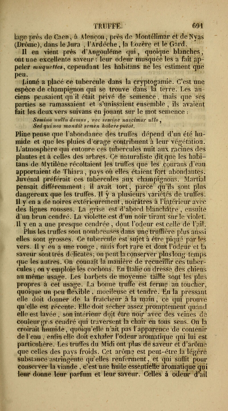 iage près de Caen, à Alenoon, près do Montélimar et deNyas (Drôme), dans le Jura ; l'Ardêche , la Lozère et le Gard. Il en vient près d'Angoulême qui. quoique blanches, ont une excellente saveur : leur odeur musquée les a fait ap- peler muquettes, cependant les habitans ne les estiment que peu. Linné a placé ce tubercule dans la cryptogamie. C'est une espèce de champignon qui se trouve dans la terre. Les an- ciens pensaient qu'il était privé de semence, mais que ses parties se ramassaient et s'unissaient ensemble , ils avaient fait les deux vers suivans en jouant sur le mot semence : Semir.a nulîa danws , nec semine nascimur ullo , Sedquinns mandit semen habereputat. Pline pense que l'abondance des truffes dépend d'un été hu- mide et que les pluies d'orage contribuent à leur végétation. L'atmosphère qui entoure ces tubercules nuit aux racines des plantes et à celles des arbres. Ce naturaliste dit que les habi- tans de Mytîlène récoltaient les truffes que les courans d'eau apportaient de Thiara, pays où elles étaient fort abondantes. Juvénal préférait ces tubercules aux champignons. Martial pensait différemment : il avait tort, parce qu'ils sont plus dangereux que les truffes. Il y a plusieurs variétés de truffes. Il y en a de noires extérieurement, noirâtres à l'intérieur avec des lignes rousses. La grise est d'abord blanchâtre , ensuite d'un brun cendré. La violette est d'un noir tirant sur le violet. Il y en a une presque cendrée , dont l'odeur est celle de l'ail. Plus les truffes sont nombreuses dans une truffière plus aussi elles sont grosses. Ce tubercule est sujet à être piqué parles vers. Il y en a une rouge , mais fort rare et dont l'odeur et la saveur sont très délicates; on peut la conserver plus long-temps que les autres. On connaît la manière de recueillir ces tuber- cules ; on y emploie les cochons. En Italie on dresse des chiens au même usage. Les barbets de moyenne taille sont les plus propres à cet usage. La bonne truffe est ferme au toucher, quoique un peu flexible , moelleuse et tendre. En la pressant elle doit donner de la fraîcheur à la main, ce qui prouve qu'elle est récente. Elle doit sécher assez promptement quand elle est lavée , son intérieur doit être noir avec des veines de couleur gris cendré qui traversent la chair en tous sens. On la croirait humide, quoiqu'elle n'ait pas l'apparence de contenir de l'eau , enfin elle doit exhaler l'odeur aromatique qui lui est particulière. Les truffes du Midi ont plus de saveur et d'arôme que celles des pays froids. Cet arôms est peut-être la légère substance astringente qu'elles renferment, et qui suffit pour conserver la viande , c'est une huile essentielle aromatique qui leur donne leur parfum et leur saveur. Celles à odeur d'ail