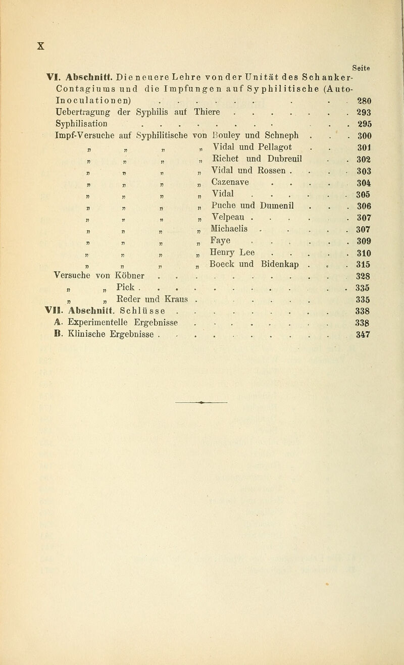 VI. Abschnitt. Die neuere Lehre vonderUnitätdes Seh Contagiums und die Impfungen auf Syphilitische Inoculationen) üebertragung der Syphilis auf Thiere . . . . . Syphilisation Impf-V ersuche auf Syphilitische von Bouley und Schneph „ „ „ „ Vidal und Pellagot „ „ „ „ Eichet und Dubreuil „ „ „ „ Vidal und Rossen . „ „ „ „ Cazenave „ „ „ „ Vidal „ „ „ „ Puche und Dumenil „ r « n Velpeau . „ „ „ „ Michaelis « « « „ Faye . . . „ „ n ,, Henry Lee „ Boeck und Bidenkap Seite anker- (Auto- Versuche von Köbner „ „ Pick . „ „ Eeder und Kraus VII, Abschnitt. Schlüsse A. Experimentelle Ergebnisse B. Klinische Ergebnisse . 280 293 295 300 301 302 303 304 305 306 307 307 309 310 315 328 335 335 338 338 347