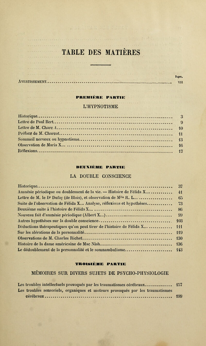 TABLE DES MATIÈRES Pages. Avertissement vu premiebe partie L'HYPNOTISME Historique 3 Lettre de Paul Bert g Lettre de M. Charc A 10 Préface de M. Charcot 11 Sommeil nerveux ou hypnotisme 13 Observation de Maria X , 16 Réflexions , 17 lUlXIIÏIF PARTIS LA DOUBLE CONSCIENCE Historique 37 Amnésie périodique ou doublement de la vie. — Histoire de Félida X 41 Lettre de M. le Dr Dufay (de Blois), et observation de Me R. L 65 Suite de l'observation de Félida X... Analyse, réflexions et hypothèses 73 Deuxième suite à l'histoire de Félida X 86 Nouveau fait d'amnésie périodique (Albert X...) 9fJ Autres hypothèses sur la double conscience 103 Déductions thérapeutiques qu'on peut tirer de l'histoire de Félida X 111 Sur les alérations de la personnalité 119 Observations de M. Charles Richet , 130 Histoire de la dame américaine de Mac Nish 136 Le dédoublement de la personnalité et le somnambulisme 143 troisième: partie MÉMOIRES SUR DIVERS SUJETS DE PSYCHO-PHYSIOLOGIE Les troubles intellectuels provoqués par les traumatismes cérébraux 157 Les troubles sensoriels, organiques et moteurs provoqués par les traumatismes cérébraux 199