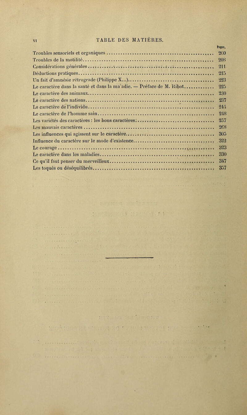 Pages. Troubles sensoriels et organiques 200 Troubles de la motilité 208 Considérations générales *,..;.. 211 Déductions pratiques 215 Un fait d'amnésie rétrograde (Philippe X...) '223 Le caractère dans la santé et dans la ma'adie. — Préface de M. Ribot 225 Le caractère des animaux 230 Le caractère des nations , 237 Le caractère de l'individu 245: Le caractère de l'homme sain 248 Les variétés des caractères : les bons caractères : 257 Les mauvais caractères 268 Les influences qui agissent sur le caractère -. 305 Influence du caractère sur le mode d'existence . 322 Le courage 323 Le caractère dans les maladies 330 Ce qu'il faut penser du merveilleux , 347 Les toqués ou déséquilibrés 357