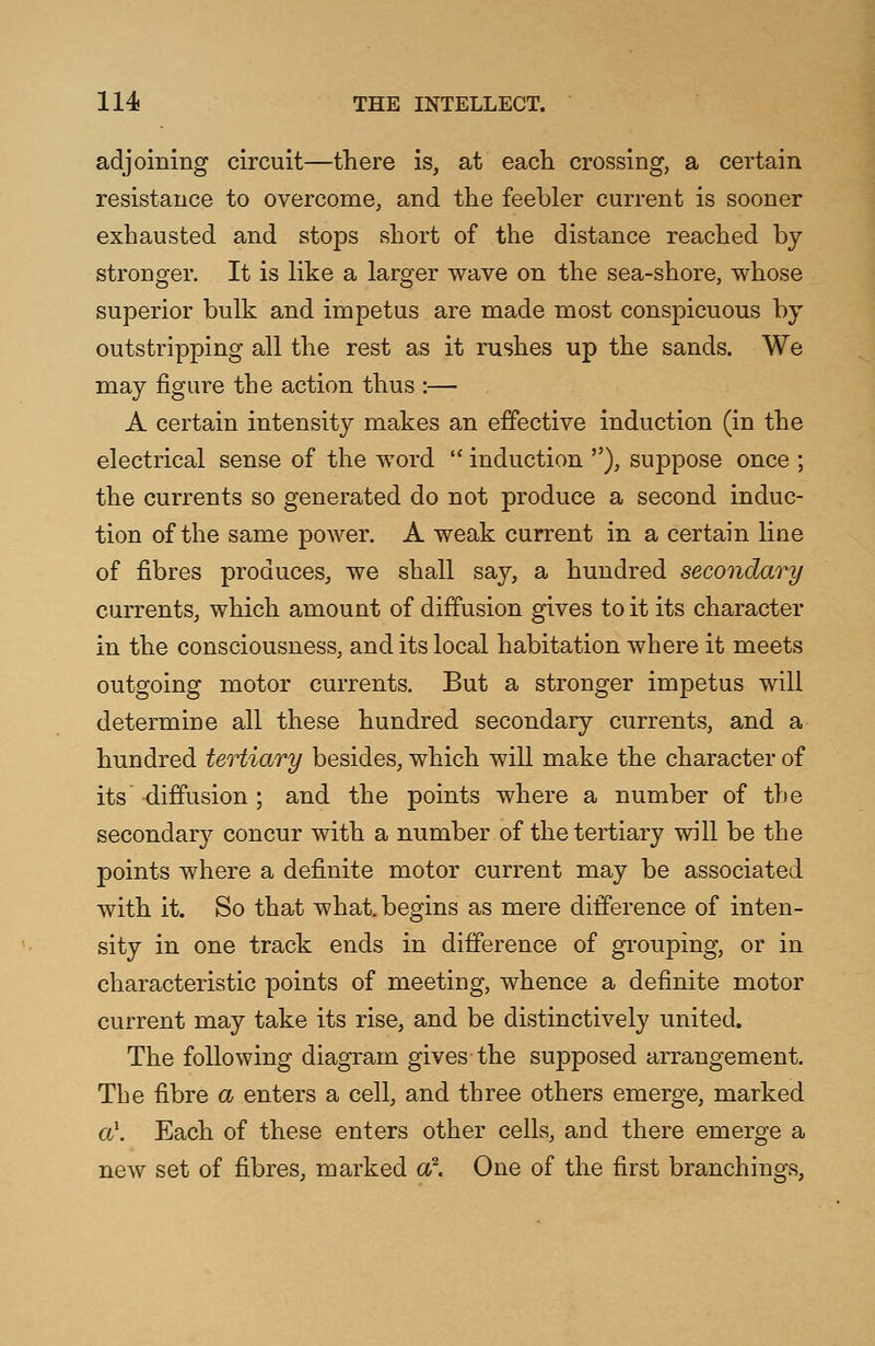 adjoining circuit—there is, at each crossing, a certain resistance to overcome, and the feebler current is sooner exhausted and stops short of the distance reached by- stronger. It is like a larger wave on the sea-shore, whose superior bulk and impetus are made most conspicuous by outstripping all the rest as it rushes up the sands. We may figure the action thus :—■ A certain intensity makes an effective induction (in the electrical sense of the word  induction ), suppose once ; the currents so generated do not produce a second induc- tion of the same power. A weak current in a certain line of fibres produces, we shall say, a hundred secondary currents, which amount of diffusion gives to it its character in the consciousness, and its local habitation where it meets outgoing motor currents. But a stronger impetus will determine all these hundred secondary currents, and a hundred tertiary besides, which will make the character of its diffusion ; and the points where a number of the secondary concur with a number of the tertiary will be the points where a definite motor current may be associated with it. So that what, begins as mere difference of inten- sity in one track ends in difference of grouping, or in characteristic points of meeting, whence a definite motor current may take its rise, and be distinctively united. The following diagram gives the supposed arrangement. The fibre a enters a cell, and three others emerge, marked a\ Each of these enters other cells, and there emerge a new set of fibres, marked a2. One of the first branchings,