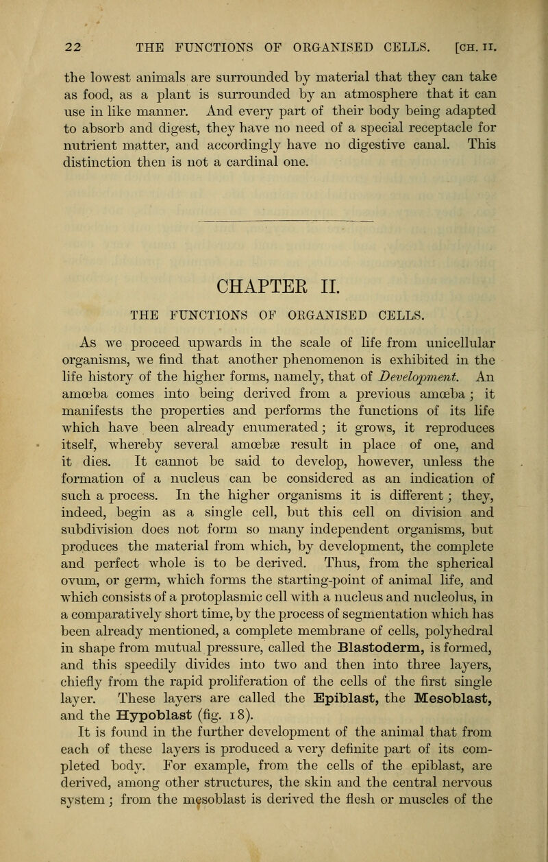 the lowest animals are surrounded by material that they can take as food, as a plant is surrounded by an atmosphere that it can use in like manner. And every part of their body being adapted to absorb and digest, they have no need of a special receptacle for nutrient matter, and accordingly have no digestive canal. This distinction then is not a cardinal one. CHAPTEE II. THE FUNCTIONS OF ORGANISED CELLS. As we proceed upwards in the scale of life from unicellular organisms, we find that another phenomenon is exhibited in the life history of the higher forms, namely, that of Development. An amoeba comes into being derived from a previous amoeba; it manifests the properties and performs the functions of its life which have been already enumerated; it grows, it reproduces itself, whereby several amoebae result in place of one, and it dies. It cannot be said to develop, however, unless the formation of a nucleus can be considered as an indication of such a process. In the higher organisms it is different; they, indeed, begin as a single cell, but this cell on division and subdivision does not form so many independent organisms, but produces the material from which, by development, the complete and perfect whole is to be derived. Thus, from the spherical ovum, or germ, which forms the starting-point of animal life, and which consists of a protoplasmic cell with a nucleus and nucleolus, in a comparatively short time, by the process of segmentation which has been already mentioned, a complete membrane of cells, polyhedral in shape from mutual pressure, called the Blastoderm, is formed, and this speedily divides into two and then into three layers, chiefly from the rapid proliferation of the cells of the first single layer. These layers are called the Epiblast, the Mesoblast, and the Hypoblast (fig. 18). It is found in the further development of the animal that from each of these layers is produced a very definite part of its com- pleted body. For example, from the cells of the epiblast, are derived, among other structures, the skin and the central nervous system; from the mesoblast is derived the flesh or muscles of the