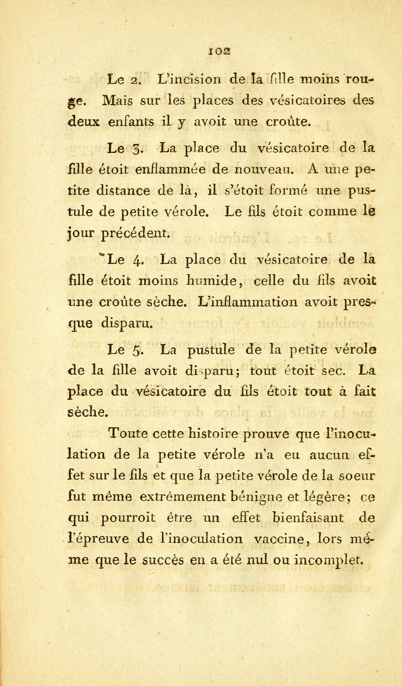 Le 2. L'incision de la Tille moins rou- ge. Mais sur les places des vésicatoires des deux enfants il y avoit une croûte. Le 3. La place du vésicatoire de la fille étoit enflammée de nouveau. A une pe- tite distance de là, il s'étoit formé une pus- tule de petite vérole. Le fils étoit comme le jour précédent. * Le 4« La place du vésicatoire de la fille étoit moins humide, celle du fils avoit une croûte sèche. L'inflammation avoit près-» que disparu. Le 5- La pustule de la petite vérole de la fille avoit disparu; tout étoit sec. Là place du vésicatoire du fils étoit tout à fait sèche. Toute cette histoire prouve que l'inocu- lation de la petite vérole n'a eu aucun ef- fet sur le fils et que la petite vérole de la soeur fut même extrêmement bénigne et légère; ce qui pourroit être un effet bienfaisant de répreuve de l'inoculation vaccine, lors mê- me que le succès en a été nul ou incomplet.