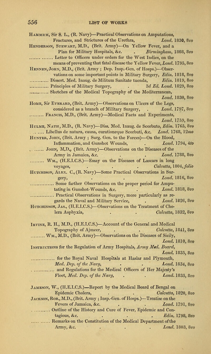 Ham MICK, Sir S. L., (R. Navy)—Practical Observations on Amputations, Fractures, and Strictures of the Urethra, Lond. 1830, 8w Henderson, Stewart, M.D., (Brit. Army)—On Yellow Fever, and a Plan for Military Hospitals, &c. , Birmingham, 1808, Qvo Letter to Officers under orders for the West Indies, on the means of pre venting that fatal disease the Yellow Fever, Zomc?. 1795, Zvo Hennen,-John, M.D., (Brit. Army ; Dep. Insp.-Gen. of Hosps.)—Obser- vations on some important points in Mihtary Surgery, Edin. 1818, 8ro Dissert. Med. Inaug. de Militum Sanitate tuenda, Edin. 1819, Zvo Principles of Military Surgery, . Zd Ed. Lond. 1829, ^vo Sketches of the Medical Topography of the Mediterranean, Lond. 1830, ?,vo Home, Sir Everard, (Brit. Army)—Observations on Ulcers of the Legs, considered as a branch of Military Surgery, . Lond. 1797, ^vo Francis, M.D., (Brit. Army)—Medical Facts and Experiments, Lond. 1759, 8w HuLME, Nath, M.D., (R. Navy)—Diss. Med. Inaug. de Scorbuto, Edin. 1765, ^vo . Libellus de natura, causa, curationeque Scorbuti, &c, Lond. 1768, 12mo Hunter, John, (Brit. Army ; Surg. Gen. to the Forces)—On the Blood, Inflammation, and Gimshot Wounds, . Lond. 1794, Uo ^ John, M.D,, (Brit. Army)—Observations on the Diseases of the Army in Jamaica, &c. . . Lond. 1788, Zvo Wm., (H.E.I.C.S.)—Essay on the Diseases of Lascars in long voyages, . . . Calcutta, 1804,/oKo Hutchison, Alex. C, (R. Navy)—Some Practical Observations in Sur- gery, . . Lond. 1816,8«o Some farther Observations on the proper period for Ampu- tating in Gunshot-Wounds, &c. . Lond. 1818, ^vo Practical Observations in Surgery, more particularly as re- gards the Naval and Military Ser\'ice, . Lond. 1826, 8t'0 Hutchinson, Jas., (H.E.I.C.S.)—Observations on the Treatment of Cho- lera Asphyxia, . . Calcutta, 1832, ^vo Irvine, R. H., M.D., (H.E.I.C.S.)—Account of the General and Medical Topography of Ajmeer, . . Calcutta, 1841, 8w Wm., M.D., (Brit. Army)—Observations on the Diseases of Sicily, Lond. 1810, 8w Instructions for the Regulation of Army Hospitals, Army Med. Board, Lond. 1835, Bvo for the Royal Naval Hospitals at Haslar and Plymouth, Med. Dep. of the Navy, . . Lond. 1834, 8vo and Regulations for the Medical Officers of Her Majesty's Fleet, Med. Bep. of the Navy, . . Lond. 18S5, 8vo Jameson, W., (H.E.I.C.S.)—Report by the Medical Board of Bengal on Epidemic Cholera, . . Calcutta, 1820, 8vo Jackson, Rob., M.D., (Brit, Army ; Insp.-Gen. of Hosps.)—Treatise on the Fevers of Jamaica, &c. , . Lmid, 1791, Svo Outline of the History and Cure of Fever, Epidemic and Con- tagious, &c. . . . Edin. 1798, Svo Remarks on the Constitution of the Medical Department of the Army, &c. . . . Lond. 1803, 8vo