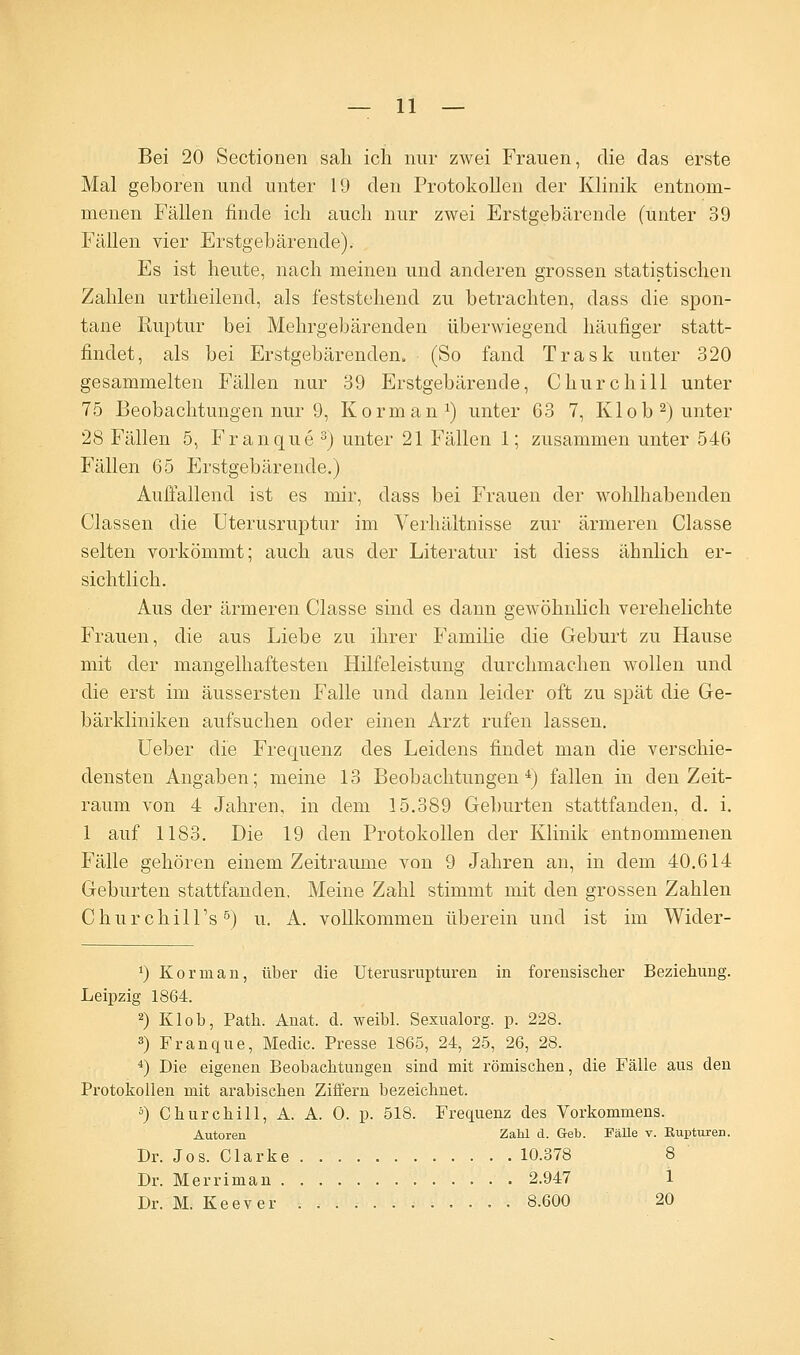 Bei 20 Sectionen sah ich nur zwei Frauen, die das erste Mal geboren und unter 19 den Protokollen der Klinik entnom- menen Fällen finde ich auch nur zwei Erstgebärende (unter 39 Fällen vier Erstgebärende). Es ist heute, nach meinen und anderen grossen statistischen Zahlen urtheilend, als feststehend zu betrachten, dass die spon- tane Ruptur bei Mehrgebärenden überwiegend häufiger statt- findet, als bei Erstgebärenden. (So fand Trask unter 320 gesammelten Fällen nur 39 Erstgebärende, Churchill unter 75 Beobachtungen nur 9, Korman1) unter 63 7, Kl ob2) unter 28 Fällen 5, Franque 3) unter 21 Fällen 1; zusammen unter 546 Fällen 65 Erstgebärende.) Auffallend ist es mir, dass bei Frauen der wohlhabenden Classen die Uterusruptur im Verhältnisse zur ärmeren Classe selten vorkömmt; auch aus der Literatur ist cliess ähnlich er- sichtlich. Aus der ärmeren Classe sind es dann gewöhnlich verehelichte Frauen, die aus Liebe zu ihrer Familie die Geburt zu Hause mit der mangelhaftesten Hilfeleistung durchmachen wollen und die erst im äussersten Falle und dann leider oft zu spät die Ge- bärkliniken aufsuchen oder einen Arzt rufen lassen. Ueber die Frequenz des Leidens findet man die verschie- densten Angaben; meine 13 Beobachtungen4) fallen in den Zeit- raum von 4 Jahren, in dem 15.389 Geburten stattfanden, d. i. 1 auf 1183. Die 19 den Protokollen der Klinik entnommenen Fälle gehören einem Zeiträume von 9 Jahren an, in dem 40.614 Geburten stattfanden. Meine Zahl stimmt mit den grossen Zahlen ChurchiH's5) u. A. vollkommen überein und ist im Wider- 9 Korman, über die Uterusrupturen in forensischer Beziehung. Leipzig 1864. 2) Klob, Path. Anat. d. weibl. Sexualorg. p. 228. 3) Franque, Medic. Presse 1865, 24, 25, 26, 28. 4) Die eigenen Beobachtungen sind mit römischen, die Fälle aus den Protokollen mit arabischen Ziffern bezeichnet. b) Churchill, A. A. 0. p. 518. Frequenz des Vorkommens. Autoren Zahl d. Geb. PäUe v. Rupturen. Dr. Jos. Clarke 10.378 8 Dr. Merriman 2.947 1 Dr. M. Keever . . 8.600 20