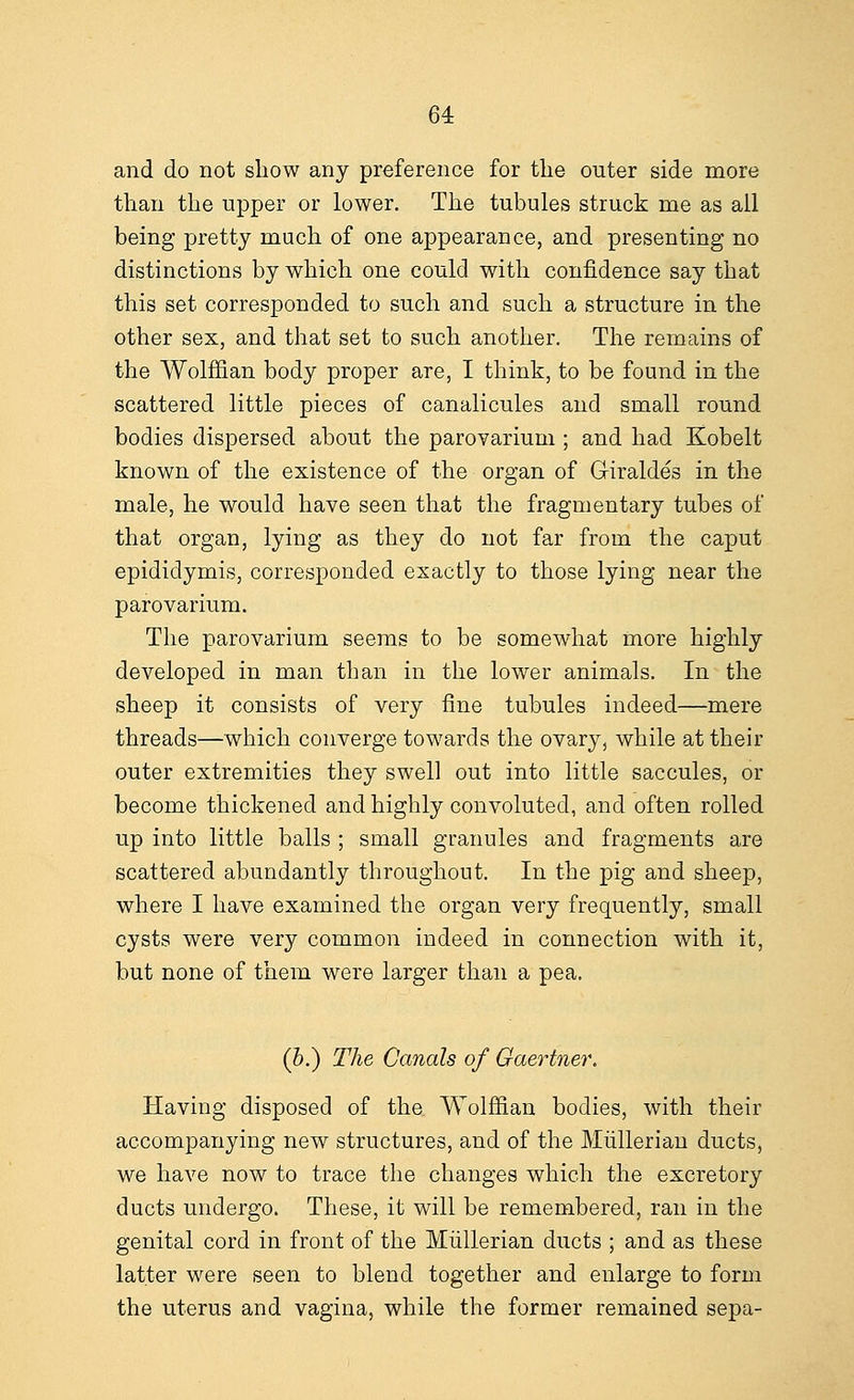 and do not show any preference for the outer side more than the upper or lower. The tubules struck me as all being pretty much of one appearance, and presenting no distinctions by which one could with confidence say that this set corresponded to such and such a structure in the other sex, and that set to such another. The remains of the Wolffian body proper are, I think, to be found in the scattered little pieces of canalicules and small round bodies dispersed about the parovarium ; and had Kobelt known of the existence of the organ of G-iraldes in the male, he would have seen that the fragmentary tubes of that organ, lying as they do not far from the caput epididymis, corresponded exactly to those lying near the parovarium. The parovarium seems to be somewhat more highly developed in man than in the lower animals. In the sheep it consists of very fine tubules indeed—mere threads—which converge towards the ovary, while at their outer extremities they swell out into little saccules, or become thickened and highly convoluted, and often rolled up into little balls ; small granules and fragments are scattered abundantly throughout. In the pig and sheep, where I have examined the organ very frequently, small cysts were very common indeed in connection with it, but none of them were larger than a pea. (b.) The Canals of Gaertner. Having disposed of the Wolffian bodies, with their accompanying new structures, and of the Mullerian ducts, we have now to trace the changes which the excretory ducts undergo. These, it will be remembered, ran in the genital cord in front of the Mullerian ducts ; and as these latter were seen to blend together and enlarge to form the uterus and vagina, while the former remained sepa-