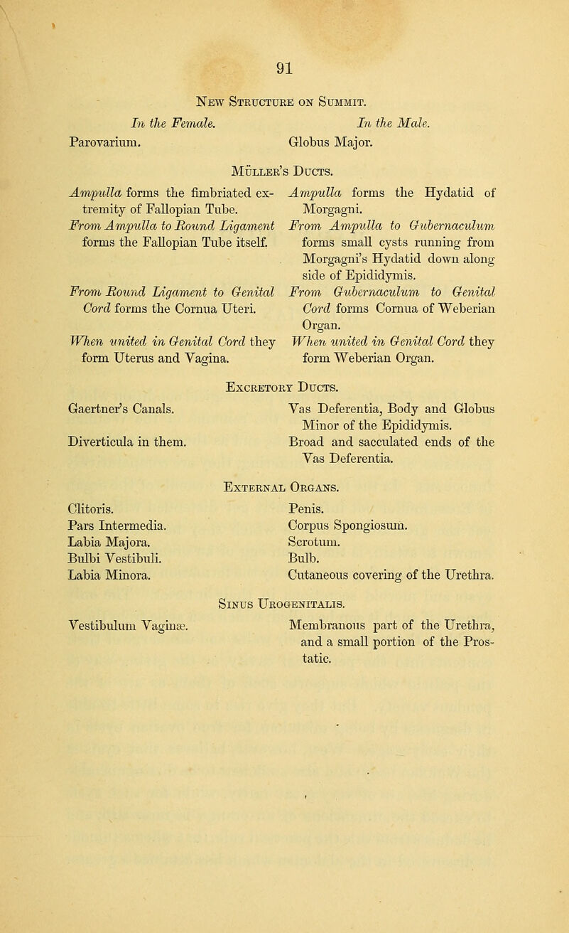 New Structure on Summit. In the Female. In the Male. Parovarium. Globus Major. Muller's Ducts. Ampulla forms the fimbriated ex- tremity of Fallopian Tube. From Ampulla to Round Ligament forms the Fallopian Tube itself. From Bound Ligament to Genital Cord forms the Cornua Uteri. When united in Genital Cord they form Uterus and Vagina. Ampulla forms the Hydatid of Morgagni. From Ampulla to Guhernaculum forms small cysts running from Morgagni's Hydatid down along- side of Epididymis. From Gubernaeulum to Genital Cord forms Cornua of Weberian Organ. When united in Genital Cord they form Weberian Organ. Gaertner's Canals. Diverticida in them. Clitoris. Pars Intermedia. Labia Majora. Bulbi Vestibuli. Labia Minora. Vestibulum Vagina?. Excretory Ducts. Vas Deferentia, Body and Globus Minor of the Epididymis. Broad and sacculated ends of the Vas Deferentia. External Organs. Penis. Corpus Spongiosum. Scrotum. Bulb. Cutaneous covering of the Urethra. Sinus Urogenitals. Membranous part of the Urethra, and a small portion of the Pros- tatic.