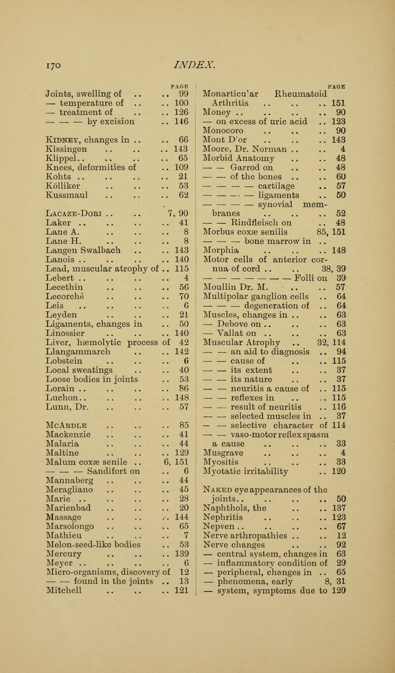 IND EX. PAGF. PAGE Joints, swelling of 99 Monarticu'ar Rheumatoid — temperature of 100 Arthritis .. .. .. 151 — treatment of 126 Money 90 by excision 146 — on excess of uric acid .. 123 Monocoro .. .. .. 90 Kidney, changes in .. 66 Mont D'or 143 Kissingen 143 Moore, Dr. Norman .. .. 4 Klippel 65 Morbid Anatomy .. .. 48 Knees, deformities of 109 Garrod on .. .. 48 Kohts 21 — — of the bones .. 60 Kolliker 53 — — — — cartilage .. 57 Kussmaul 62 — ligaments .. 50 — synovial mem- Lacaze-Dori 7, 90 branes .. .. 52 Laker 41 Rindfleisch on .. 48 Lane A. 8 Morbus coxse senilis 85, 151 Lane H. 8 bone marrow in .. Langen Swalbach 143 Morphia 148 Lanois 140 Motor cells of anterior cor- Lead, muscular atrophy of . 115 nua of cord .. .. 38, 39 Lebert 4 Folli on 39 Lecethin 56 Moullin Dr. M. .. .. 57 Lecorche 70 Multipolar ganglion cells .. 64 Leis 6 degeneration of .. 64 Leyden 21 Muscles, changes in .. .. 63 Ligaments, changes in 50 — Debove on .. .. .. 63 Linossier 140 — Vallat on 63 Liver, hsemolytic process o f 42 Muscular Atrophy .. 32, 114 Llangammarch 142 — — an aid to diagnosis .. 94 Lobstein 6 cause of .. .. 115 Local sweatings 40 its extent .. ..37 Loose bodies in joints 53 its nature .. .. 37 Lorain 86 — — neuritis a cause of .. 115 Luchon.. 148 reflexes in .. .. 115 Lunn, Dr. 57 result of neuritis .. 116 selected muscles in .. 37 McArdle 85 — — selective character of 114 Mackenzie 41 vaso-motor reflex spasm Malaria 44 a cause .. .. .. 33 Maltine 129 Musgrave .. .. .. 4 Malum coxee senile .. 6 , 151 Myositis 33 Sandifort on 6 Myotatic irritability .. 120 Mannaberg 44 Meragliano 45 Naked eye appearances of the Marie 28 joints.. .. .. ..50 Marienbad 20 Naphthols, the .. .. 137 Massage 144 Nephritis 123 Marsolongo 65 Nepven .. .. .. .. 67 Mathieu 7 Nerve arthropathies .. 12 Melon-seed-like bodies 53 Nerve changes .. .. • 92 Mercury 139 — central system, changes in 63 Meyer 6 — inflammatory condition of 29 Micro-organisms, discovery o f 12 — peripheral, changes in .. 65 found in the joints . 13 — phenomena, early 8, 31 Mitchell 121 — system, symptoms due to 120