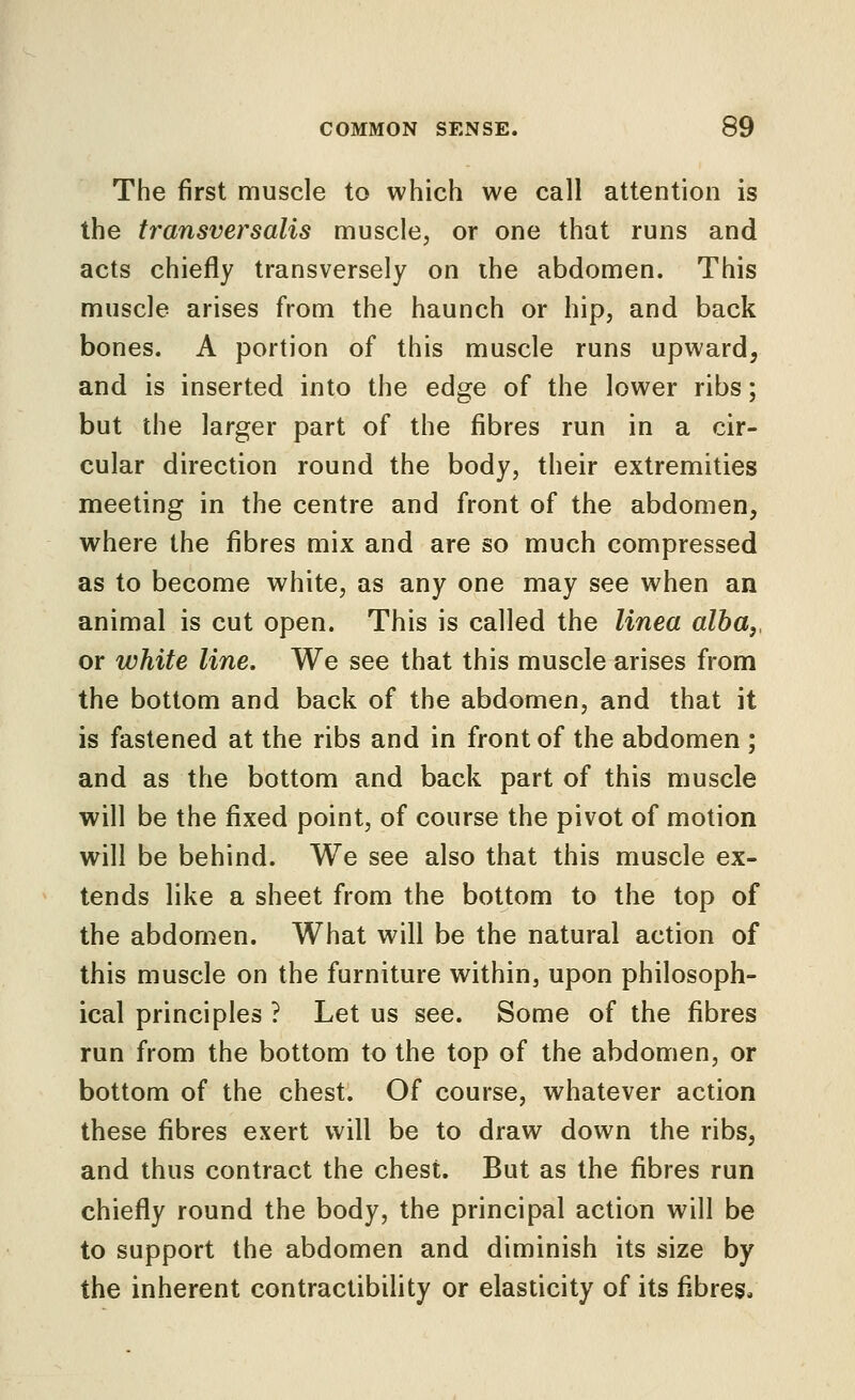 The first muscle to which we call attention is the transversalis muscle, or one that runs and acts chiefly transversely on ihe abdomen. This muscle arises from the haunch or hip, and back bones. A portion of this muscle runs upward, and is inserted into the edge of the lower ribs; but the larger part of the fibres run in a cir- cular direction round the body, their extremities meeting in the centre and front of the abdomen, where the fibres mix and are so much compressed as to become white, as any one may see when an animal is cut open. This is called the linea alhtty or white line. We see that this muscle arises from the bottom and back of the abdomen, and that it is fastened at the ribs and in front of the abdomen ; and as the bottom and back part of this muscle will be the fixed point, of course the pivot of motion will be behind. We see also that this muscle ex- tends like a sheet from the bottom to the top of the abdomen. What will be the natural action of this muscle on the furniture within, upon philosoph- ical principles ? Let us see. Some of the fibres run from the bottom to the top of the abdomen, or bottom of the chest. Of course, whatever action these fibres exert will be to draw down the ribs, and thus contract the chest. But as the fibres run chiefly round the body, the principal action will be to support the abdomen and diminish its size by the inherent contractibility or elasticity of its fibres*