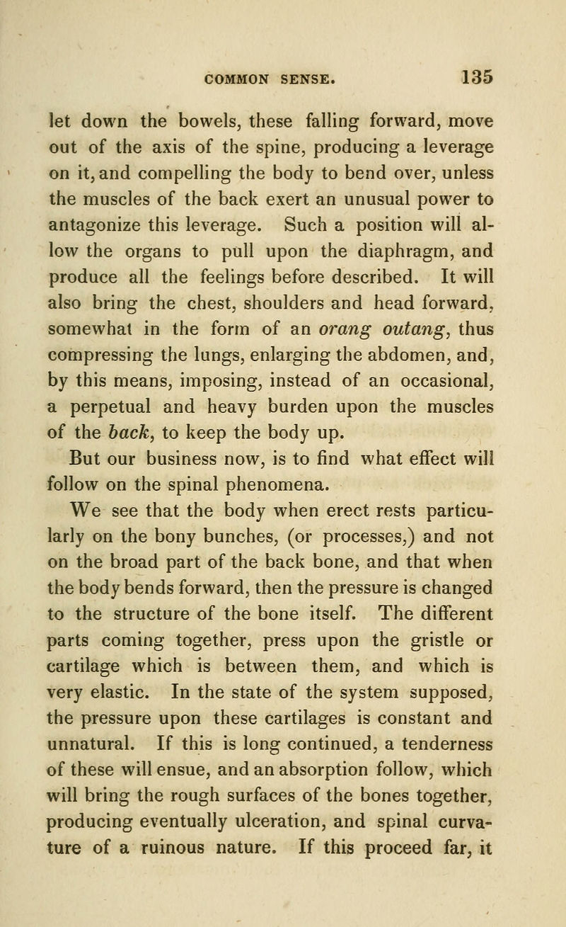 let down the bowels, these falling forward, move out of the axis of the spine, producing a leverage on it, and compelling the body to bend over, unless the muscles of the back exert an unusual power to antagonize this leverage. Such a position will al- low the organs to pull upon the diaphragm, and produce all the feelings before described. It will also bring the chest, shoulders and head forward, somewhat in the form of an orang outang, thus compressing the lungs, enlarging the abdomen, and, by this means, imposing, instead of an occasional, a perpetual and heavy burden upon the muscles of the hack, to keep the body up. But our business now, is to find what effect will follow on the spinal phenomena. We see that the body when erect rests particu- larly on the bony bunches, (or processes,) and not on the broad part of the back bone, and that when the body bends forward, then the pressure is changed to the structure of the bone itself. The different parts coming together, press upon the gristle or cartilage which is between them, and which is very elastic. In the state of the system supposed, the pressure upon these cartilages is constant and unnatural. If this is long continued, a tenderness of these will ensue, and an absorption follow, which will bring the rough surfaces of the bones together, producing eventually ulceration, and spinal curva- ture of a ruinous nature. If this proceed far, it