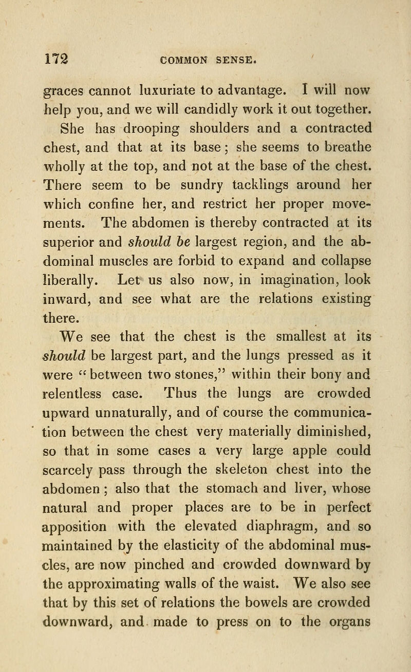 graces cannot luxuriate to advantage. I will now help you, and we will candidly work it out together. She has drooping shoulders and a contracted chest, and that at its base; she seems to breathe wholly at the top, and not at the base of the chest. There seem to be sundry tacklings around her which confine her, and restrict her proper move- ments. The abdomen is thereby contracted at its superior and should be largest region, and the ab- dominal muscles are forbid to expand and collapse liberally. Let us also now, in imagination, look inward, and see what are the relations existing there. We see that the chest is the smallest at its should be largest part, and the lungs pressed as it were  between two stones, within their bony and relentless case. Thus the lungs are crowded upward unnaturally, and of course the communica- tion between the chest very materially diminished, so that in some cases a very large apple could scarcely pass through the skeleton chest into the abdomen ; also that the stomach and liver, whose natural and proper places are to be in perfect apposition with the elevated diaphragm, and so maintained by the elasticity of the abdominal mus- cles, are now pinched and crowded downward by the approximating walls of the waist. We also see that by this set of relations the bowels are crowded downward, and made to press on to the organs