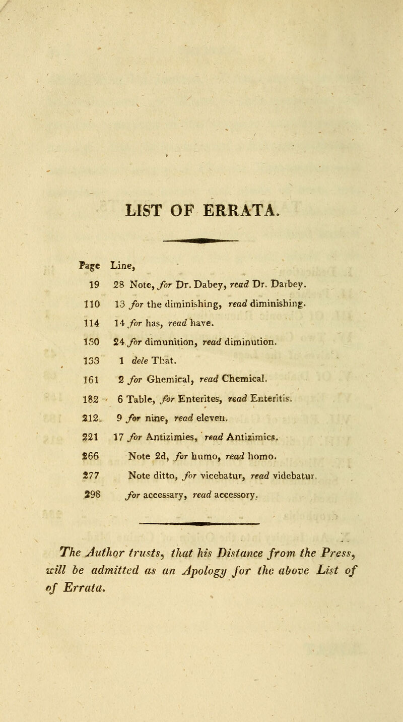 LIST OF ERRATA. Page Line, 19 28 Note, for Dr. Dabey, read Dr. Darbey, 110 13/or the diminishing, rcac? diminishing. 114 14/or has, reac? have. 150 24 for dimunition, read diminution. 133 1 f/e/eTbat. 161 2 for Chemical, read Chemical. 182 ' 6 Table, for Enterites, read Enteritis, 2,12. 9 for nine, read eleven. 221 17 for Ajitizimies, nad Antizimics. £66 Note 2d, for humo, read homo. %n Note ditto, for 'vicebatur, read videbatur, 298 for accessary, read accessory. The Author trusts^ that his Distance from the Press^ Kill be admitted as an Apology for the above List of of Errata,