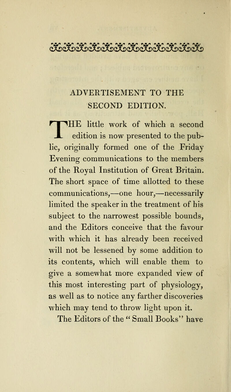 ••v* ^jy My *\jy* *jy •vy ,vy *w <vv* *w* *jy *vy ADVERTISEMENT TO THE SECOND EDITION. THE little work of which a second edition is now presented to the pub- lic, originally formed one of the Friday Evening communications to the members of the Royal Institution of Great Britain. The short space of time allotted to these communications,—one hour,—necessarily limited the speaker in the treatment of his subject to the narrowest possible bounds, and the Editors conceive that the favour with which it has already been received will not be lessened by some addition to its contents, which will enable them to give a somewhat more expanded view of this most interesting part of physiology, as well as to notice any farther discoveries which may tend to throw light upon it. The Editors of the  Small Books have