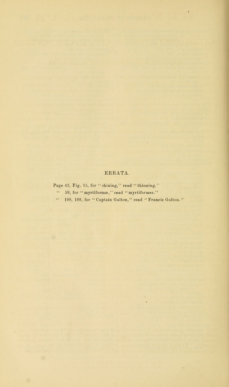 ERRATA. Page 43, Fig. 15, for shining, read thinning. 59, for myrtiformse, read myrtiformes. 108, 109, for Captain Galton, read Francis Galton.