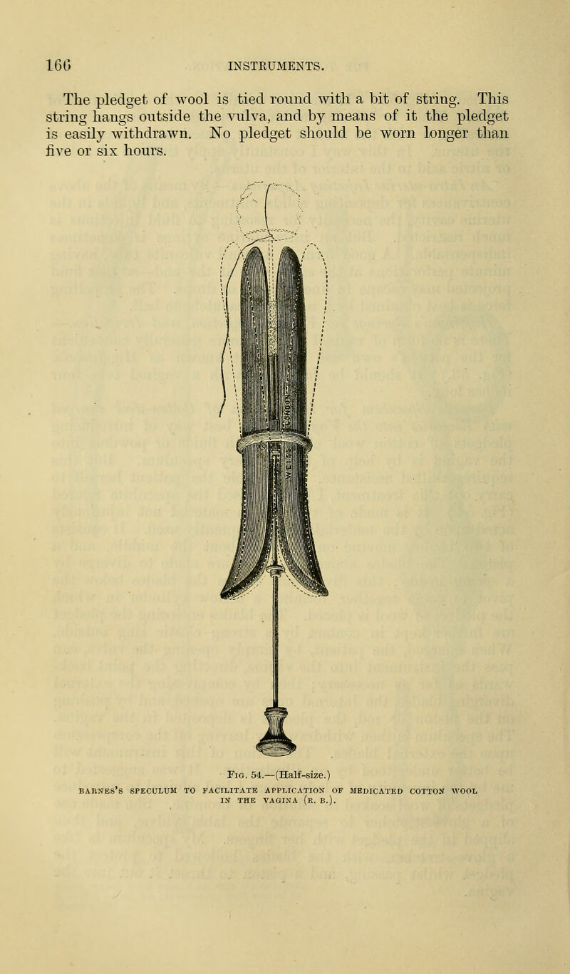 The pledget of wool is tied round with a bit of string. This string hangs outside the vulva, and by means of it the pledget is easily withdrawn. No pledget should be worn longer than five or six hours. Fig. 54.—(Half-size.) Barnes's speculum to facilitate application of medicated cotton wool in the vagina r.
