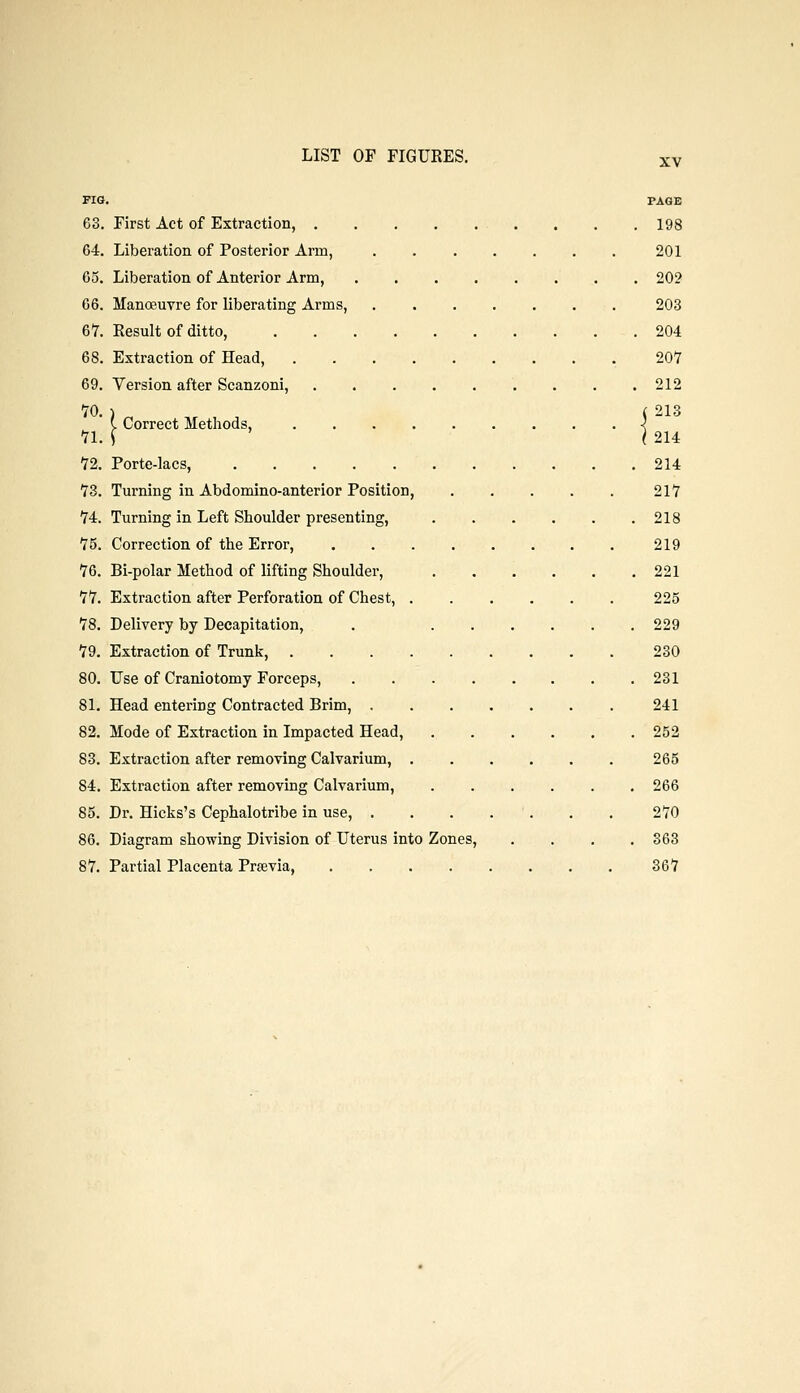 FIG, PAGE 63. First Act of Extraction, . . . 198 64. Liberation of Posterior Arm, 201 65. Liberation of Anterior Arm, . 202 66. Manoeuvre for liberating Arms, 203 67. Result of ditto, 204 68. Extraction of Head, 207 69. Version after Scanzoni, 212 70. ) i 213 V Correct Methods, < 71. i / 214 72. Porte-lacs, 214 73. Turning in Abdomino-anterior Position, 217 74. Turning in Left Shoulder presenting, 218 75. Correction of the Error, 219 76. Bi-polar Method of lifting Shoulder, 221 77. Extraction after Perforation of Chest, 225 78. Delivery by Decapitation, . 229 79. Extraction of Trunk, 230 80. Use of Craniotomy Forceps, 231 81. Head entering Contracted Brim, 241 82. Mode of Extraction in Impacted Head, 252 83. Extraction after removing Calvarium, 265 84. Extraction after removing Calvarium, 266 85. Dr. Hicks's Cephalotribe in use, . . . . . . . 270 86. Diagram showing Division of Uterus into Zones, .... 363 87. Partial Placenta Prsevia, 367