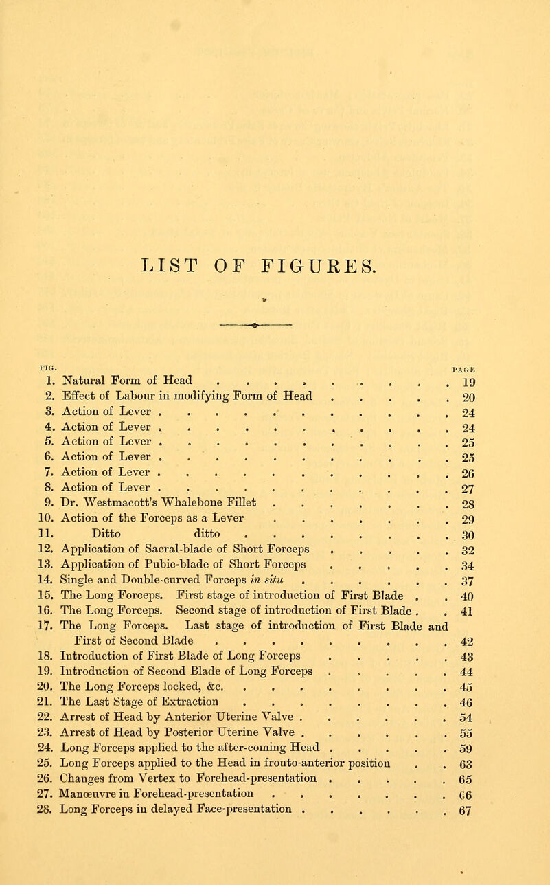 LIST OF FIGURES. FIG. PAGE 1. Natural Form of Head .......... 19 2. Effect of Labour in modifying Form of Head 20 3. Action of Lever 24 4. Action of Lever ........... 24 5. Action of Lever ........... 25 6. Action of Lever ........... 25 7. Action of Lever ........... 26 8. Action of Lever ........... 27 9. Dr. Westmacott's Whalebone Fillet ....... 28 10. Action of the Forceps as a Lever ....... 29 11. Ditto ditto 30 12. Application of Sacral-blade of Short Forceps 32 13. Application of Pubic-blade of Short Forceps . . . . ,34 14. Single and Double-curved Forceps in situ 37 15. The Long Forceps. First stage of introduction of First Blade . . 40 16. The Long Forceps. Second stage of introduction of First Blade . . 41 17. The Long Forceps. Last stage of introduction of First Blade and First of Second Blade 42 18. Introduction of First Blade of Long Forceps . . . . .43 19. Introduction of Second Blade of Long Forceps . . . . .44 20. The Long Forceps locked, &c 45 21. The Last Stage of Extraction 46 22. Arrest of Head by Anterior Uterine Valve ...... 54 2.3. Arrest of Head by Posterior Uterine Valve ...... 55 24. Long Forceps applied to the after-coming Head .... .59 25. Long Forceps applied to the Head in fronto-anterior position , . 63 26. Changes from Vertex to Forehead-presentation ..... 65 27. Manoeuvre in Forehead-presentation (-g 28. Long Forceps in delayed Face-presentation .67