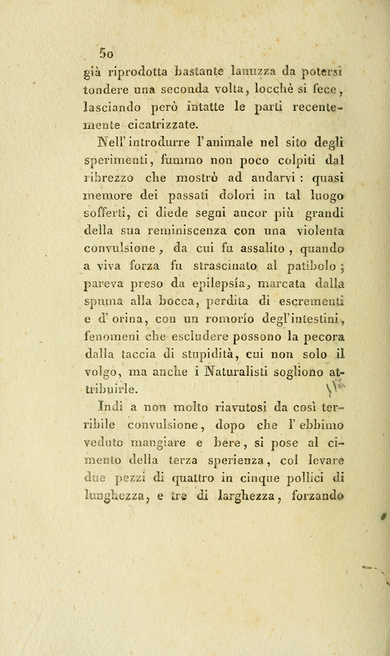 già riprodotta bastante laiiiizza da potersi tondere una seconda volta, locchè si fece, lasciando però intatte le parti recente- mente cicatrizzate. Neil'introdurre l'animale nel sito degli sperimenti, fummo non poco colpiti dal ribrezzo clie mostrò ad andarvi : quasi memore dei passati dolori in tal luogo sofferà, ci diede segni ancor più grandi della sua reminiscenza con una violenta convulsione , da cui fu assalito , quando a viva forza fu strascinato al patibolo ^ pareva preso da epilepsia^ marcata dalla spuma alla bocca, perdita di escrementi e d'orina, con un romorio degl'intestini^ fenomeni che escludere possono la pecora dalla taccia di stupidità, cui non solo il volgo, ma anclie i Naturalisti sogliono at- tribuirle. ^V'' Indi a non molto riavutosi da cosi ter- ribile convulsione, dopo clis l'ebbimo veduto mangiare e bere, si pose al ci- mento della terza sperienza, col levare due pezzi di quattro in cinque pollici ài lungliezza;, e a§ di larghezza j forzando