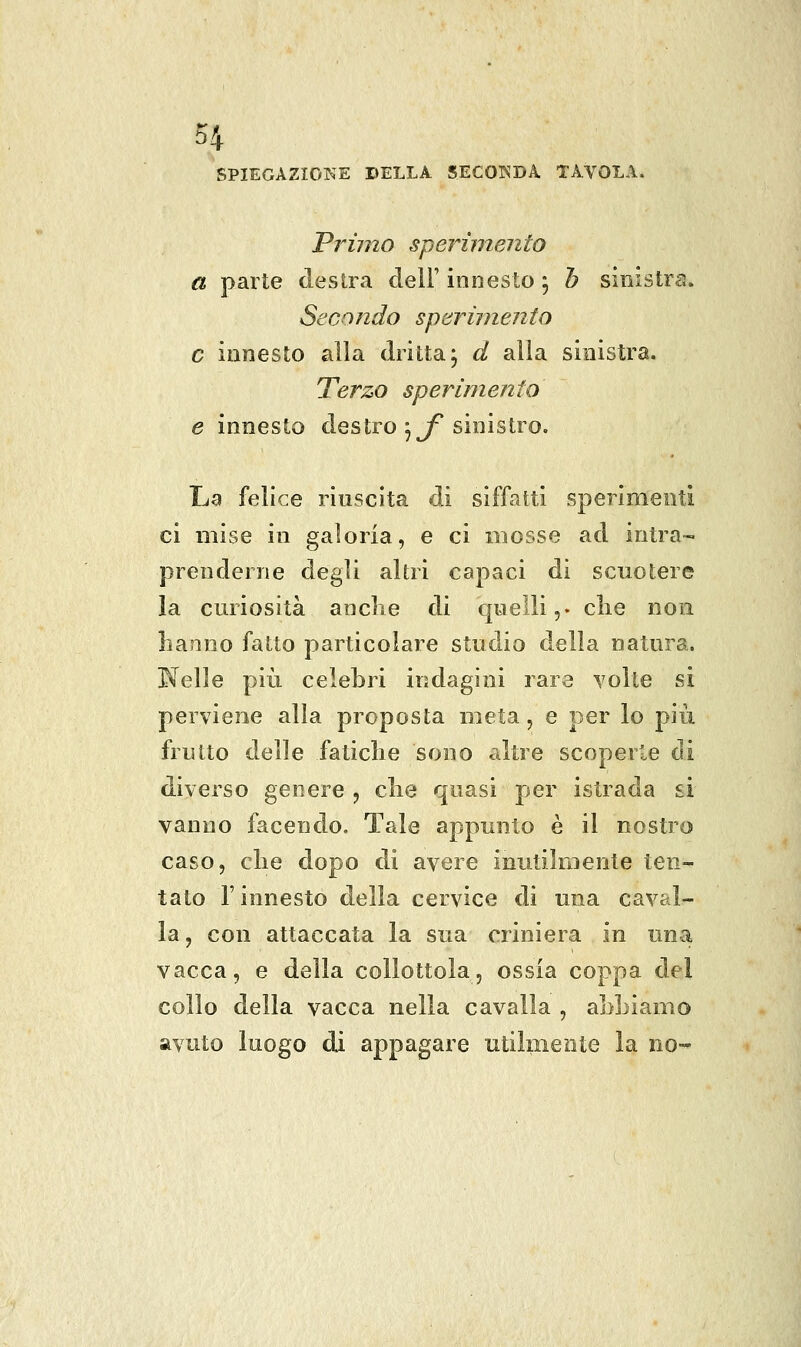 SPIEGAZIONE DELLA 5EC0]NDA TAVOLA. Primo sperimento a parte destra dell' innesto ; h sinistra. Secondo sperimento e innesto alla dritta; d alia sinistra. Terzo sperimento e innesto destro ^^T sinistro. La felice riuscita di siffatti sperimenti ci mise in galoria, e ci mosse ad intra- prenderne degli altri capaci di scuotere la curiosità anclie di quelli,, clie non hanno fatto particolare studio della natura. Welle più celebri indagini rare volte si perviene alla proposta meta, e per lo più frutto delle fatiche sono altre scoperte di diverso genere , che quasi per istrada si vanno facendo. Tale appunto è il nostro caso, che dopo di avere inutilmente ten- tato l'innesto della cervice di una caval- la, con attaccata la sua criniera in una vacca, e della collottola, ossia coppa de! collo della vacca nella cavalla , abbiamo avuto luogo di appagare utilmente la no-