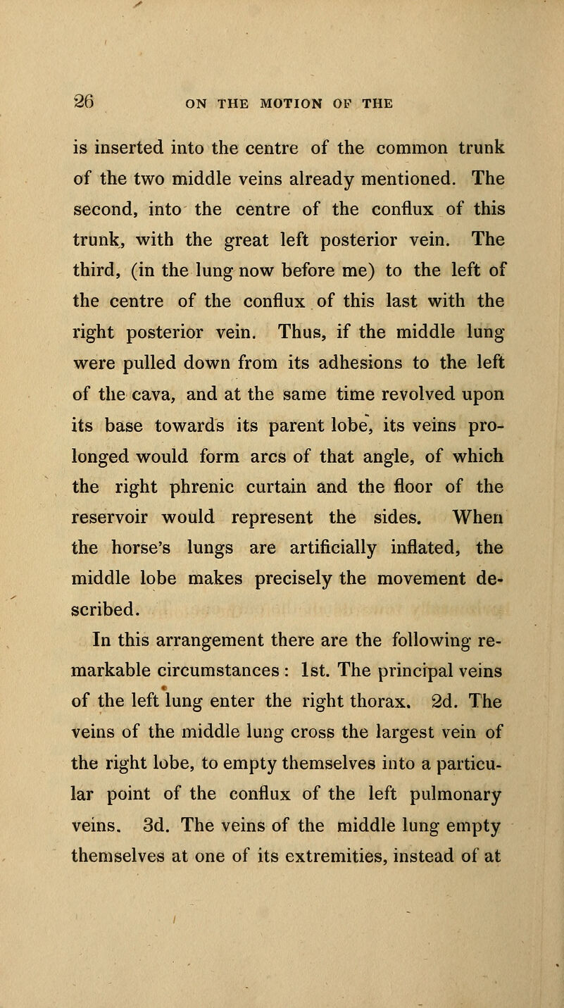 is inserted into the centre of the common trunk of the two middle veins already mentioned. The second, into the centre of the conflux of this trunk, with the great left posterior vein. The third, (in the lung now before me) to the left of the centre of the conflux of this last with the right posterior vein. Thus, if the middle lung- were pulled down from its adhesions to the left of the cava, and at the same time revolved upon its base towards its parent lobe, its veins pro- longed would form arcs of that angle, of which the right phrenic curtain and the floor of the reservoir would represent the sides. When the horse's lungs are artificially inflated, the middle lobe makes precisely the movement de- scribed. In this arrangement there are the following re- markable circumstances : 1st. The principal veins of the left lung enter the right thorax. 2d. The veins of the middle lung cross the largest vein of the right lobe, to empty themselves into a particu- lar point of the conflux of the left pulmonary veins. 3d. The veins of the middle lung empty themselves at one of its extremities, instead of at