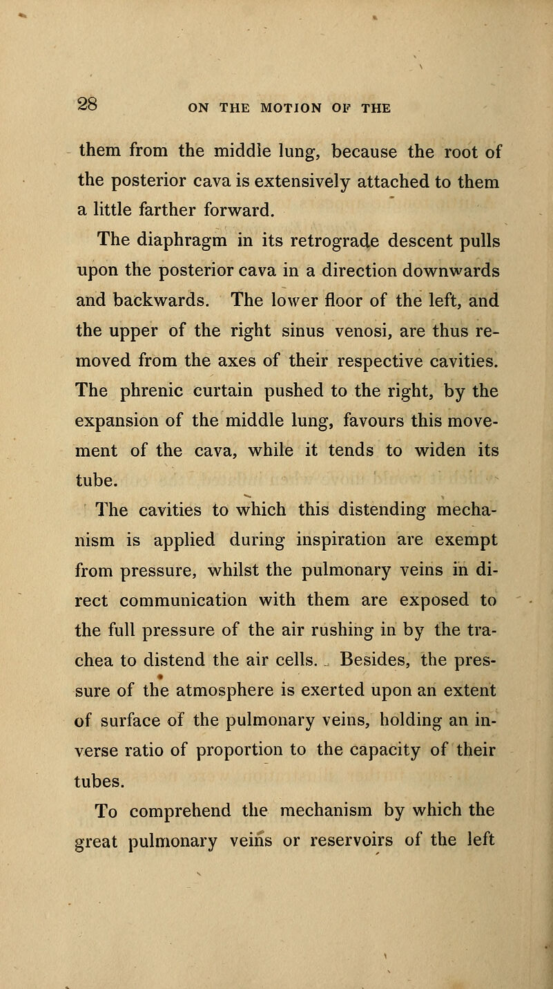 them from the middle lung, because the root of the posterior cava is extensively attached to them a little farther forward. The diaphragm in its retrograde descent pulls upon the posterior cava in a direction downwards and backwards. The lower floor of the left, and the upper of the right sinus venosi, are thus re- moved from the axes of their respective cavities. The phrenic curtain pushed to the right, by the expansion of the middle lung, favours this move- ment of the cava, while it tends to widen its tube. The cavities to which this distending mecha- nism is applied during inspiration are exempt from pressure, whilst the pulmonary veins in di- rect communication with them are exposed to the full pressure of the air rushing in by the tra- chea to distend the air cells.. Besides, the pres- sure of the atmosphere is exerted upon an extent of surface of the pulmonary veins, holding an in- verse ratio of proportion to the capacity of their tubes. To comprehend the mechanism by which the great pulmonary veins or reservoirs of the left