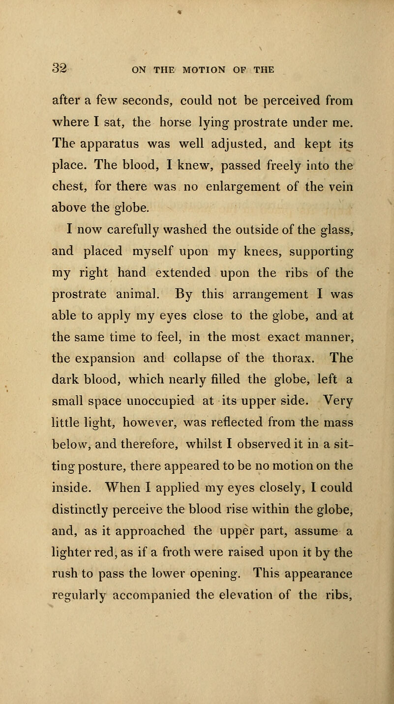 after a few seconds, could not be perceived from where I sat, the horse lying prostrate under me. The apparatus was well adjusted, and kept its place. The blood, I knew, passed freely into the chest, for there was no enlargement of the vein above the globe. I now carefully washed the outside of the glass, and placed myself upon my knees, supporting my right hand extended upon the ribs of the prostrate animal. By this arrangement I was able to apply my eyes close to the globe, and at the same time to feel, in the most exact manner, the expansion and collapse of the thorax. The dark blood, which nearly filled the globe, left a small space unoccupied at its upper side. Very little light, however, was reflected from the mass below, and therefore, whilst I observed it in a sit- ting posture, there appeared to be no motion on the inside. When I applied my eyes closely, I could distinctly perceive the blood rise within the globe, and, as it approached the upper part, assume a lighter red, as if a froth were raised upon it by the rush to pass the lower opening. This appearance regularly accompanied the elevation of the ribs,