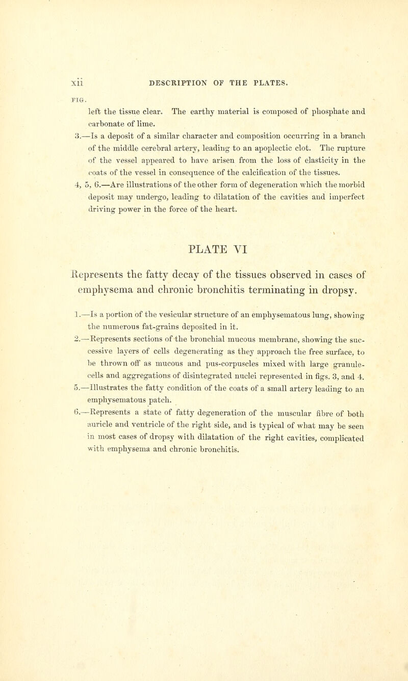 FIG. left the tissue clear. The earthy material is composed of phosphate and carbonate of lime. 3.—Is a deposit of a similar character and composition occurring in a branch of the middle cerebral artery, leading to an apoplectic clot. The rupture of the vessel appeared to have arisen from the loss of elasticity in the coats of the vessel in consequence of the calcification of the tissues. 4, 5, 6.—Are illustrations of the other form of degeneration which the morbid deposit may undergo, leading to dilatation of the cavities and imperfect driving power in the force of the heart. PLATE VI Ilepresents the fatty decay of the tissues observed in cases of emphysema and chronic bronchitis terminating in dropsy. 1.—Is a portion of the vesicular structure of an emphysematous lung, showing the numerous fat-grains deposited in it. 2.—Represents sections of the bronchial mucous membrane, showing the suc- cessive layers of cells degenerating as they approach the free surface, to be thrown off as mucous and pus-corpuscles mixed with large granule- cells and aggregations of disintegrated nuclei represented in figs. 3, and 4. 5.—Illustrates the fatty condition of the coats of a small artery leading to an emphysematous patch. 6.—Represents a state of fatty degeneration of the muscular fibre of both auricle and ventricle of the right side, and is typical of what may be seen in most cases of dropsy with dilatation of the right cavities, complicated with emphysema and chronic bronchitis.