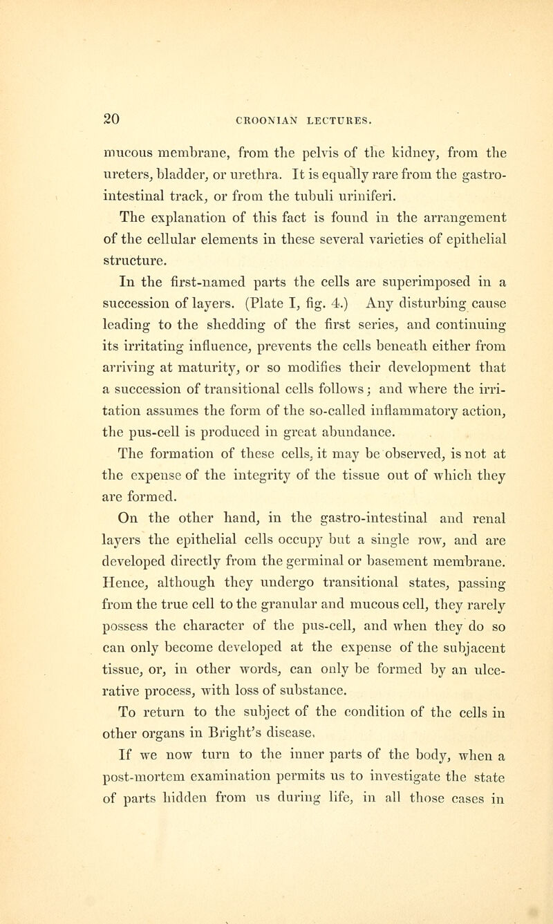 mucous membrane, from the pelvis of the kidney, from the ureters, bladder, or urethra. It is equally rare from the gastro- intestinal track, or from the tubuli uriniferi. The explanation of this fact is found in the arrangement of the cellular elements in these several varieties of epithelial structure. In the first-named parts the cells are superimposed in a succession of layers. (Plate I, fig. 4.) Any disturbing cause leading to the shedding of the first series, and continuing its irritating influence, prevents the cells beneath either from arriving at maturity, or so modifies their development that a succession of transitional cells follows; and where the irri- tation assumes the form of the so-called inflammatory action, the pus-cell is produced in great abundance. The formation of these cells, it may be observed, is not at the expense of the integrity of the tissue out of which they are formed. On the other hand, in the gastro-intestinal and renal layers the epithelial cells occupy but a single row, and are developed directly from the germinal or basement membrane. Hence, although they undergo transitional states, passing from the true cell to the granular and mucous cell, they rarely possess the character of the pus-cell, and when they do so can only become developed at the expense of the subjacent tissue, or, in other words, can only be formed by an ulce- rative process, with loss of substance. To return to the subject of the condition of the cells in other organs in Bright's disease, If we now turn to the inner parts of the body, when a post-mortem examination permits us to investigate the state of parts hidden from us during life, in all those cases in