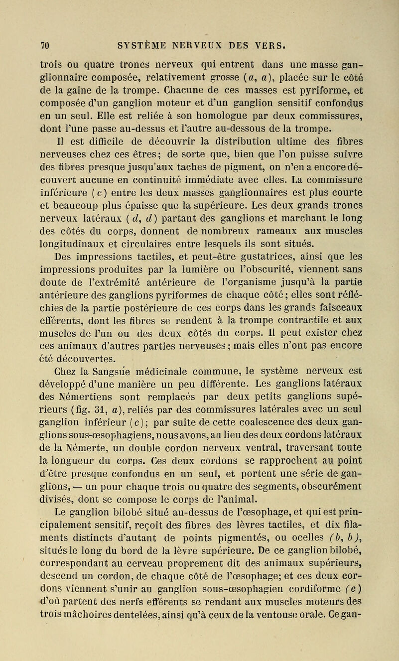 trois ou quatre troncs nerveux qui entrent dans une masse gan- glionnaire composée, relativement grosse {a, a), placée sur le côté de la gaine de la trompe. Chacune de ces masses est pyriforme, et composée d'un ganglion moteur et d'un ganglion sensitif confondus en un seul. Elle est reliée à son homologue par deux commissures, dont l'une passe au-dessus et l'autre au-dessous de la trompe. Il est difficile de découvrir la distribution ultime des fibres nerveuses chez ces êtres; de sorte que, bien que l'on puisse suivre des fibres presque jusqu'aux taches de pigment, on n'en a encore dé- couvert aucune en continuité immédiate avec elles. La commissure inférieure ( c ) entre les deux masses ganglionnaires est plus courte et beaucoup plus épaisse que la supérieure. Les deux grands troncs nerveux latéraux {cl, cl) partant des ganglions et marchant le long des côtés du corps, donnent de nombreux rameaux aux muscles longitudinaux et circulaires entre lesquels ils sont situés. Des impressions tactiles, et peut-être gustatrices, ainsi que les impressions produites par la lumière ou l'obscurité, viennent sans doute de l'extrémité antérieure de l'organisme jusqu'à la partie antérieure des ganglions pyriformes de chaque côté ; elles sont réflé- chies de la partie postérieure de ces corps dans les grands faisceaux efférents, dont les fibres se rendent à la trompe contractile et aux muscles de l'un ou des deux côtés du corps. Il peut exister chez ces animaux d'autres parties nerveuses ; mais elles n'ont pas encore été découvertes. Chez la Sangsue médicinale commune, le système nerveux est développé d'une manière un peu différente. Les ganglions latéraux des Némertiens sont remplacés par deux petits ganglions supé- rieurs (fig. 31, a), reliés par des commissures latérales avec un seul ganglion inférieur (c); par suite de cette coalescencedes deux gan- glions sous-œsophagiens, nous avons, au lieu des deux cordons latéraux de la Némerte, un double cordon nerveux ventral, traversant toute la longueur du corps. Ces deux cordons se rapprochent au point d^être presque confondus en un seul, et portent une série de gan- glions, — un pour chaque trois ou quatre des segments, obscurément divisés, dont se compose le corps de l'animal. Le ganglion bilobé situé au-dessus de l'œsophage, et qui est prin- cipalement sensitif, reçoit des fibres des lèvres tactiles, et dix fila- ments distincts d'autant de points pigmentés, ou ocelles (b, b), situés le long du bord de la lèvre supérieure. De ce ganglion bilobé, correspondant au cerveau proprement dit des animaux supérieurs, descend un cordon, de chaque côté de l'œsophage; et ces deux cor- dons viennent s'unir au ganglion sous-œsophagien cordiforme (c) d'où partent des nerfs efférents se rendant aux muscles moteurs des trois mâchoires dentelées, ainsi qu'à ceux de la ventouse orale. Ce gan-