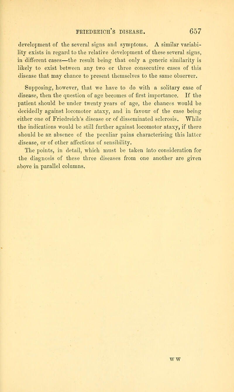 development of tte several signs and symptoms. A similar variabi- lity exists in regard to the relative development of these several signs, in different cases—the result being that only a generic similarity is likely to exist between any two or three consecutive cases of this disease that may chance to present themselves to the same observer. Supposing, however, that we have to do with a solitary case of disease, then the question of age becomes of first importance. If the patient should be under twenty years of age, the chances would be decidedly against locomotor ataxy, and in favour of the case being either one of Friedreich's disease or of disseminated sclerosis. While the indications would be still further against locomotor ataxy, if there should be an absence of the peculiar pains characterising this latter disease, or of other affections of sensibility. The points, in detail, which must be taken into consideration for the diagnosis of these three diseases from one another are given above in parallel columns. WW