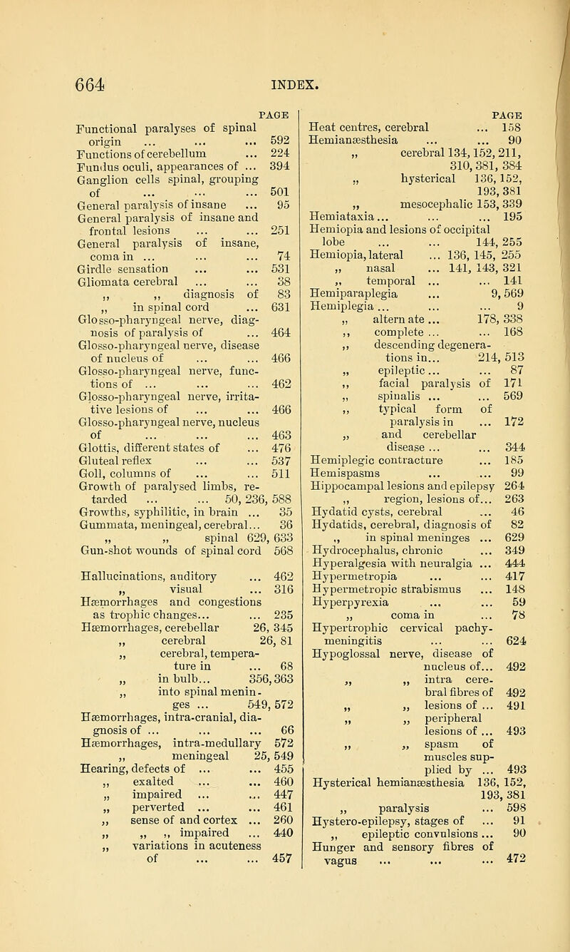 PAGE Functional parals'ses of spinal origin ... ... ... 592 Functions of cerebellum ... 224 Fundus oculi, appearances of ... 394 Ganglion cells spinal, grouping of ... _•■• ... 501 General paralysis of insane ... 95 General paralysis of insane and frontal lesions ... ... 251 General paralysis of insane, coma in ... ... ... 74 Girdle sensation ... ... 531 Gliomata cerebral ... ... 38 ,, ,, diagnosis of 83 „ in spinal cord ... 631 Glosso-pharyngeal nerve, diag- nosis of paralysis of ... 464 Glosso-pharyngeal nerve, disease of nucleus of ... ... 466 Glosso-jDharyngeal nerve, func- tions of ... ... ... 462 Glosso-pharyngeal nerve, irrita- tive lesions of ... ... 466 Glosso-pharyngeal nerve, nucleus of 463 Glottis, different states of ... 476 Gluteal reflex ... ... 637 GoU, columns of ... ... 611 Growth of paralysed limbs, re- tarded ... ... 50,236,688 Growths, syphilitic, in brain ... 35 Gummata, meningeal, cerebral... 36 „ „ spinal 629, 633 Gun-shot wounds of spinal cord 568 Hallucinations, auditory ... 462 „ visual ... 316 Hemorrhages and congestions as trophic changes... ... 235 Haemorrhages, cerebellar 26, 345 ,, cerebral 26, 81 „ cerebral, tempera- ture in ... 68 „ in bulb... 356,363 „ into spinal menin- ges ... 549,572 Heemorrhages, intra-cranial, dia- gnosis of ... ... ... 66 Hemorrhages, intra-medullary 572 ,, meningeal 25,549 Hearing, defects of ... ... 455 ,, exalted ... ... 460 „ impaired ... ... 447 „ perverted ... ... 461 „ sense of and cortex ... 260 „ „ ,, impaired ... 440 „ variations in acuteness of 457 PAGE Heat centres, cerebral ... 158 Hemiansesthesia ... ... 90 „ cerebral 134,152, 211, 310, 381, 384 ., hysterical 136, 152, 193,381 „ mesocephalic 153, 339 Hemiataxia... ... ... 195 Hemiopia and lesions of occipital lobe ... ... 144,255 Hemiopia,lateral ... 136, 145, 255 „ nasal ... 141, 143, 321 „ temporal ... ... 141 Hemiparaplegia ... 9,569 Hemiplegia... ... ... 9 alternate... 178,338 ,, complete ... ... 168 ,, descending degenera- tions in... 214,513 „ epileptic... ... 87 ,, facial paralysis of 171 „ spinalis ... ... 569 ,, typical form of paralysis in ... 172 „ and cerebellar disease ... ... 344 Hemiplegia contracture ... 185 Hemispasms ... ... 99 Hippocampal lesions and epilepsy 264 ,, region, lesions of... 263 Hydatid cysts, cerebral ... 46 Hydatids, cerebral, diagnosis of 82 ,, in spinal meninges ... 629 Hydrocephalus, chronic ... 349 Hyperalgesia with neuralgia ... 444 Hypermetropia ... ... 417 Hypermetropic strabismus ... 148 Hyperpyrexia ... ... 59 „ coma in ... 78 Hypertrophic cervical pachy- meningitis ... ... 624 Hypoglossal nerve, disease of nucleus of... 492 „ „ intra cere- bral fibres of 492 „ „ lesions of ... 491 „ „ peripheral lesions of ... 493 „ „ spasm of muscles sup- plied by ... 493 Hysterical hemianaesthesia 136, 152, 193, 381 „ paralysis ... 598 H5'stero-epilepsy, stages of ... 91 „ epileptic convulsions... 90 Hunger and sensory fibres of vagus 472