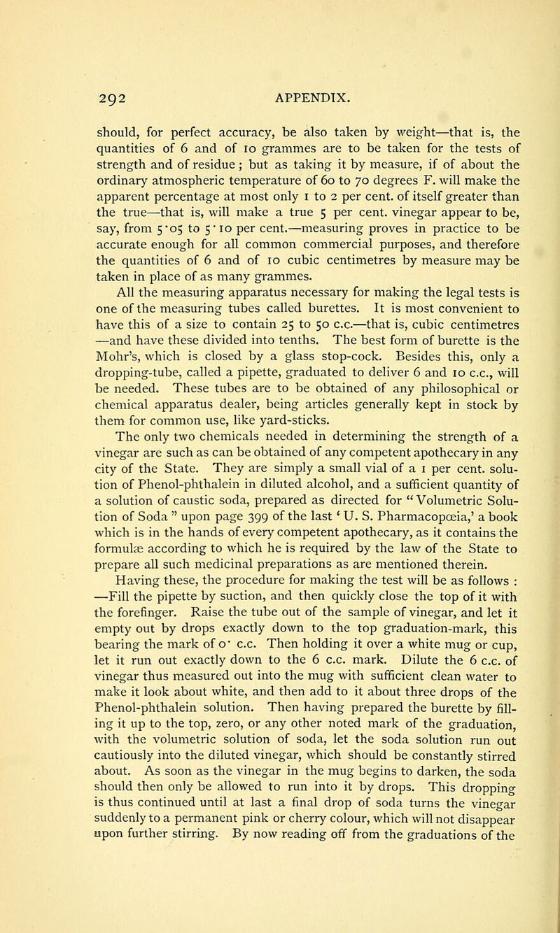 should, for perfect accuracy, be also taken by weight—that is, the quantities of 6 and of lo grammes are to be taken for the tests of strength and of residue; but as taking it by measure, if of about the ordinary atmospheric temperature of 60 to 70 degrees F. will make the apparent percentage at most only i to 2 per cent, of itself greater than the true—that is, will make a true 5 per cent, vinegar appear to be, say, from 5*05 to 5 to per cent.—measuring proves in practice to be accurate enough for all common commercial purposes, and therefore the quantities of 6 and of 10 cubic centimetres by measure may be taken in place of as many grammes. All the measuring apparatus necessary for making the legal tests is one of the measuring tubes called burettes. It is most convenient to have this of a size to contain 25 to 50 c.c.—that is, cubic centimetres —and have these divided into tenths. The best form of burette is the Mohr's, which is closed by a glass stop-cock. Besides this, only a dropping-tube, called a pipette, graduated to deliver 6 and 10 c.c, will be needed. These tubes are to be obtained of any philosophical or chemical apparatus dealer, being articles generally kept in stock by them for common use, like yard-sticks. The only two chemicals needed in determining the strength of a vinegar are such as can be obtained of any competent apothecary in any city of the State. They are simply a small vial of a i per cent, solu- tion of Phenol-phthalein in diluted alcohol, and a sufficient quantity of a solution of caustic soda, prepared as directed for  Volumetric Solu- tion of Soda  upon page 399 of the last ' U. S. Pharmacopoeia,' a book which is in the hands of every competent apothecary, as it contains the formulae according to which he is required by the law of the State to prepare all such medicinal preparations as are mentioned therein. Having these, the procedure for making the test will be as follows : —Fill the pipette by suction, and then quickly close the top of it with the forefinger. Raise the tube out of the sample of vinegar, and let it empty out by drops exactly down to the top graduation-mark, this bearing the mark of o' c.c. Then holding it over a white mug or cup, let it run out exactly down to the 6 c.c. mark. Dilute the 6 c.c. of vinegar thus measured out into the mug with sufficient clean water to make it look about white, and then add to it about three drops of the Phenol-phthalein solution. Then having prepared the burette by fill- ing it up to the top, zero, or any other noted mark of the graduation, with the volumetric solution of soda, let the soda solution run out cautiously into the diluted vinegar, which should be constantly stirred about. As soon as the vinegar in the mug begins to darken, the soda should then only be allowed to run into it by drops. This dropping is thus continued until at last a final drop of soda turns the vinegar suddenly to a permanent pink or cherry colour, which will not disappear upon further stirring. By now reading off from the graduations of the