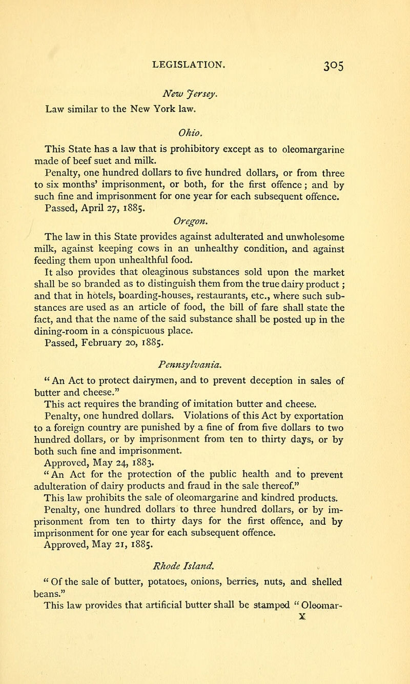 New Jersey. Law similar to the New York law, Ohio. This State has a law that is prohibitory except as to oleomargarine made of beef suet and milk. Penalty, one hundred dollars to five hundred dollars, or from three to six months' imprisonment, or both, for the first offence; and by such fine and imprisonment for one year for each subsequent offence. Passed, April 27, 1885. Oregon. The law in this State provides against adulterated and unwholesome milk, against keeping cows in an unhealthy condition, and against feeding them upon unhealthful food. It also provides that oleaginous substances sold upon the market shall be so branded as to distinguish them from the true dairy product; and that in hotels, boarding-houses, restaurants, etc., where such sub- stances are used as an article of food, the bill of fare shall state the fact, and that the name of the said substance shall be posted up in the dining-room in a conspicuous place. Passed, February 20, 1885. Pennsylvania. An Act to protect dairymen, and to prevent deception in sales of butter and cheese. This act requires the branding of imitation butter and cheese. Penalty, one hundred dollars. Violations of this Act by exportation to a foreign country are punished by a fine of from five dollars to two hundred dollars, or by imprisonment from ten to thirty days, or by both such fine and imprisonment. Approved, May 24, 1883. An Act for the protection of the public health and to prevent adulteration of dairy products and fraud in the sale thereof. This law prohibits the sale of oleomargarine and kindred products. Penalty, one hundred dollars to three hundred dollars, or by im- prisonment from ten to thirty days for the first offence, and by imprisonment for one year for each subsequent offence. Approved, May 21, 1885. Rhode Island. Of the sale of butter, potatoes, onions, berries, nuts, and shelled beans. This law provides that artificial butter shall be stamped Oleomar- X