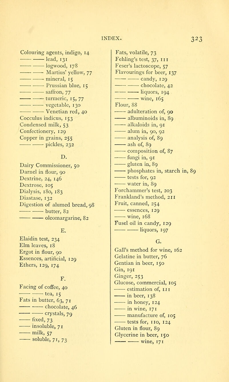 Colouring agents, indigo, 14 lead, 131 logwood, 178 Martius' yellow, ']'] mineral, 15 Prussian blue, 15 saffron, 'j'] ~ turmeric, 15, ']'] • vegetable, 130 Venetian red, 40 Cocculus indicus, 153 Condensed milk, 53 Confectionery, 129 Copper in grains, 255 pickles, 232 D. Dairy Commissioner, 50 Darnel in flour, go Dextrine, 24, 146 Dextrose, 105 Dialysis, 180, 183 Diastase, 132 Digestion of alumed bread, 98 butter, 82 oleomargarine, 82 Elaidin test, 234 Elm leaves, 18 Ergot in flour, 90 Essences, artificial, 129 Ethers, 129, 174 Facing of coffee, 40 tea, 15 Fats in butter, 63, 71 chocolate, 46 crystals, 79 fixed, 73 insoluble, 71 milk, 57 soluble, 71, 73 Fats, volatile, 73 Fehling's test, 37, in Feser's lactoscope, 57 Flavourings for beer, 137 candy, 129 chocolate, 42 ■ liquors, 194 ■ wine, 165 Flour, 88 adulteration of, 90 albuminoids in, 89 alkaloids in, 91 alum in, go, 92 analysis of, 89 ash of, 89 -—- composition of, 87 fungi in, 91 gluten in, 89 phosphates in, starch in, tests for, 92 water in, 89 Forchammer's test, 203 Frankland's method, 211 Fruit, canned, 254 essences, 129 ■ wine, 168 Fusel oil in candy, 129 liquors, 197 Gall's method for wine, 162 Gelatine in butter, 76 Gentian in beer, 150 Gin, 191 Ginger, 253 Glucose, commercial, 105 estimation of, iJ i in beer, 138 in honey, 124 in wine, 171 manufacture of, 105 tests for, no, 124 Gluten in flour, 89 Glycerine in beer, 150 wine, 171