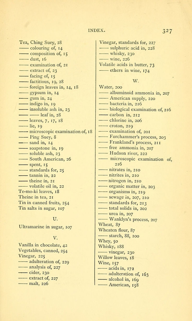 127 Tea, Ching Suey, 28 colouring of, 14 composition of, 15 dust, 16 examination of, 21 extract of, 23 facing of, 15 factitious, 19, 28 foreign leaves in, 14, 18 gypsum in, 14 gum in, 24 indigo in, 19 insoluble ash in, 23 leaf in, 28 leaves, 7, 17, 18 lie, 19 microscopic examination of, 11 Ping Suey, 8 sand in, 14 soapstone in, 19 soluble ash, 23 South American, 26 spent, 15 standards for, 25 tannin in, 22 theine in, 21 volatile oil in, 22 Te-mo-ki leaves, 18 Theine in tea, 21 Tin in canned fruits, 254 Tin salts in sugar, 107 U. Ultramarine in sugar, 107 V. Vanilla in chocolate, 42 Vegetables, canned, 254 Vinegar, 225 adulteration of, 229 ■ analysis of, 227 cider, 230 extract of, 227 malt, 226 Vinegar, standards for, 227 sulphuric acid in, 228 whisky, 230 wine, 226 Volatile acids in butter, 73 ethers in wine, 174 W. Water, 200 albuminoid ammonia in, 207 American supply, 220 bacteria in, 216 biological examination of, 216 carbon in, 212 chlorine in, 206 croton, 219 examination of, 201 ——• Forchammer's process, 203 ■ Frankland's process, 211 free ammonia in, 207 Hudson river, 222 microscopic examination of, 216 nitrates in, 210 nitrites in, 210 nitrogen in, 210 organic matter in, 203 organisms in, 219 sewage in, 207, 210 standards for, 213 total solids in, 202 urea in, 207 Wanklyn's process, 207 Wheat, 87 Wheaten flour, 87 starch, 88, 100 Whey, 50 Whisky, 188 vinegar, 230 Willow leaves, 18 Wine, 157 acids in, 172 adulteration of, 163 alcohol in, 169 American, 158