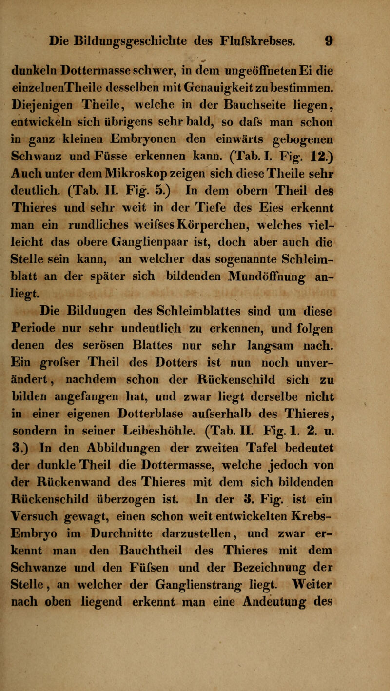 dunkehl Dottermasse seh wer, in dem ungeöffneten Ei die einzelnenTheile desselben mit Genauigkeit zu bestimmen. Diejenigen Theile, welche in der Bauchseite liegen, entwickeln sich übrigens sehr bald, so dafs man schon in ganz kleinen Embryonen den einwärts gebogenen Schwanz und Füsse erkennen kann. (Tab. I. Fig. 12.) Auch unter dem Mikroskop zeigen sich diese Theile sehr deutlich. (Tab. II. Fig. 5.) In dem obern Theil des Thieres und sehr weit in der Tiefe des Eies erkennt man ein rundliches weifses Körperchen, welches viel- leicht das obere Ganglienpaar ist, doch aber auch die Stelle sein kann, an welcher das sogenannte Schleim- blatt an der später sich bildenden Mundöffnung an- liegt. Die Bildungen des Schleimblattes sind um diese Periode nur sehr undeutlich zu erkennen, und folgen denen des serösen Blattes nur sehr langsam nach. Ein grofser Theil des Dotters ist nun noch unver- ändert , nachdem schon der Rückenschild sich zu bilden angefangen hat, und zwar liegt derselbe nicht in einer eigenen Dotterblase aufserhalb des Thieres, sondern in seiner Leibeshöhle. (Tab. II. Fig. 1. 2. u. 3.) In den Abbildungen der zweiten Tafel bedeutet der dunkle Theil die Dottermasse, welche jedoch von der Rückenwand des Thieres mit dem sich bildenden Rückenschild überzogen ist. In der 3. Fig. ist ein Versuch gewagt, einen schon weit entwickelten Krebs- Embryo im Durchnitte darzustellen, und zwar er- kennt man den Bauchtheil des Thieres mit dem Schwänze und den Füfsen und der Bezeichnung der Stelle, an welcher der Ganglienstrang liegt. Weiter nach oben liegend erkennt man eine Andeutung des